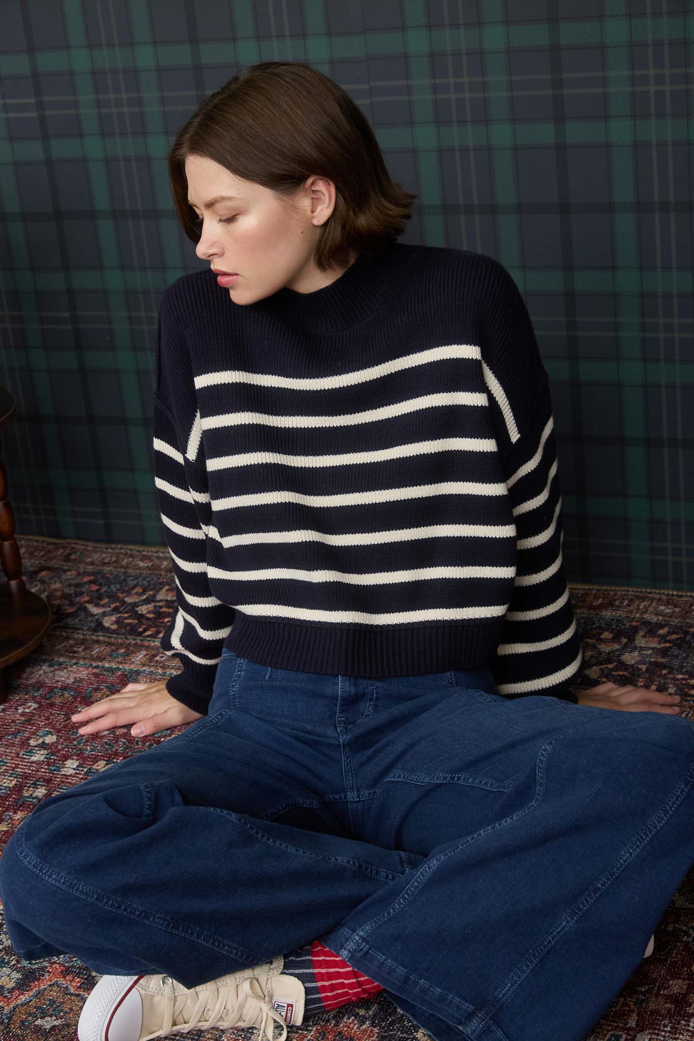 STRIPE MOCK NECK DROP SHOULDER KNIT SWEATER