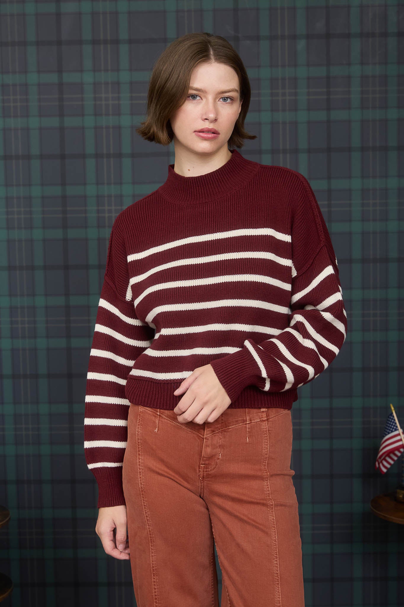 STRIPE MOCK NECK DROP SHOULDER KNIT SWEATER