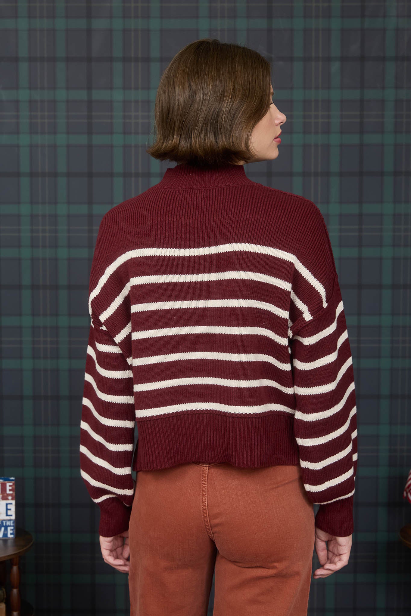 STRIPE MOCK NECK DROP SHOULDER KNIT SWEATER