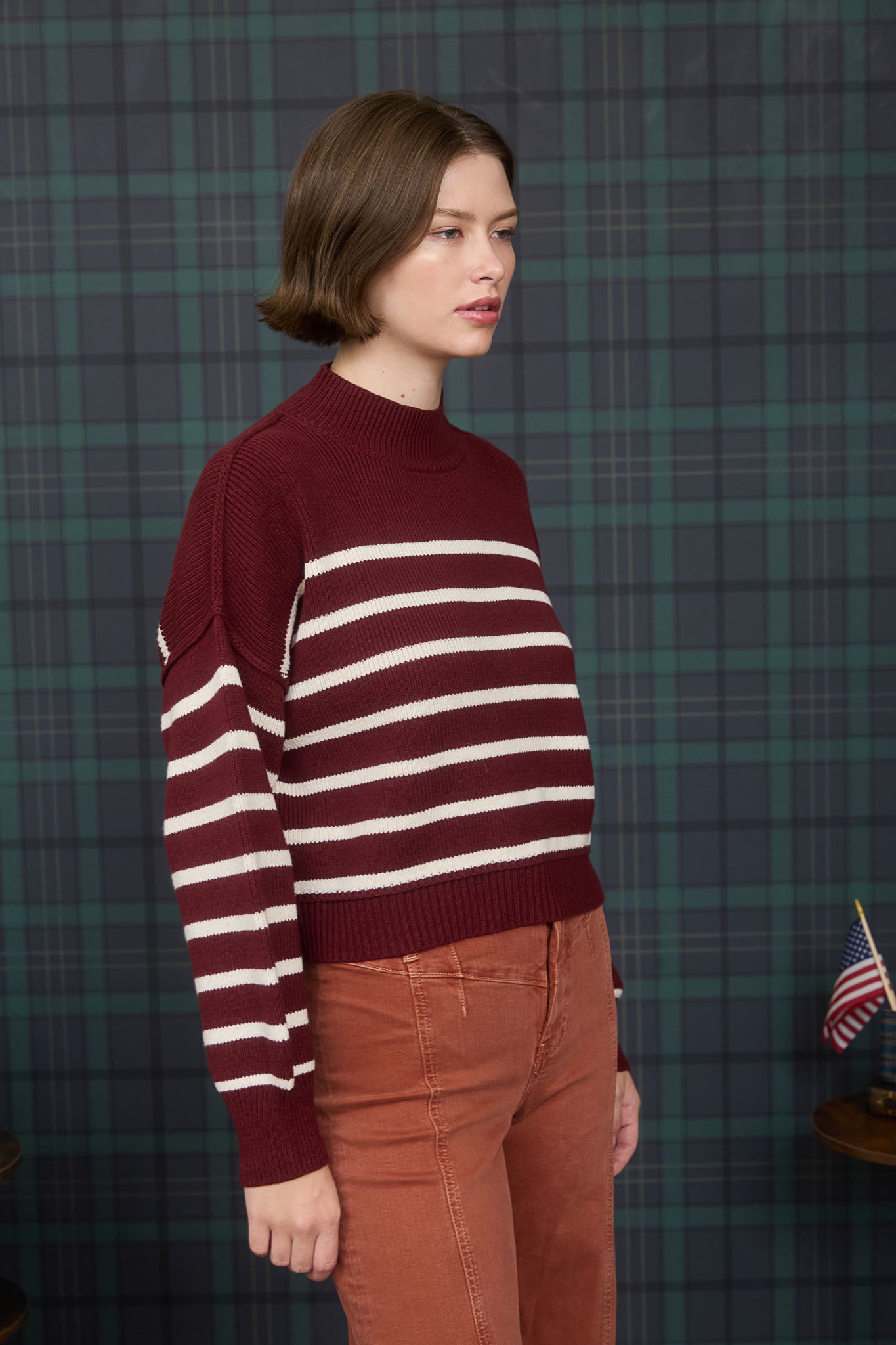 STRIPE MOCK NECK DROP SHOULDER KNIT SWEATER