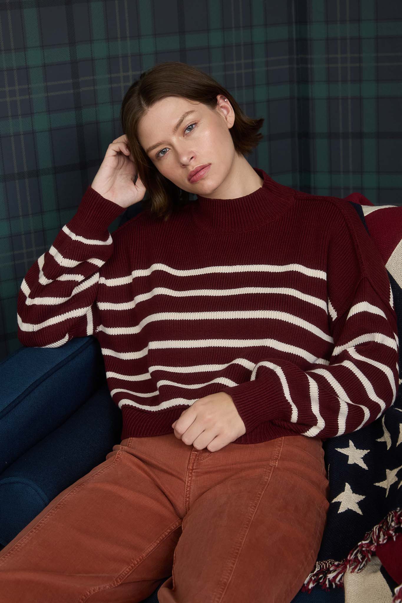 STRIPE MOCK NECK DROP SHOULDER KNIT SWEATER