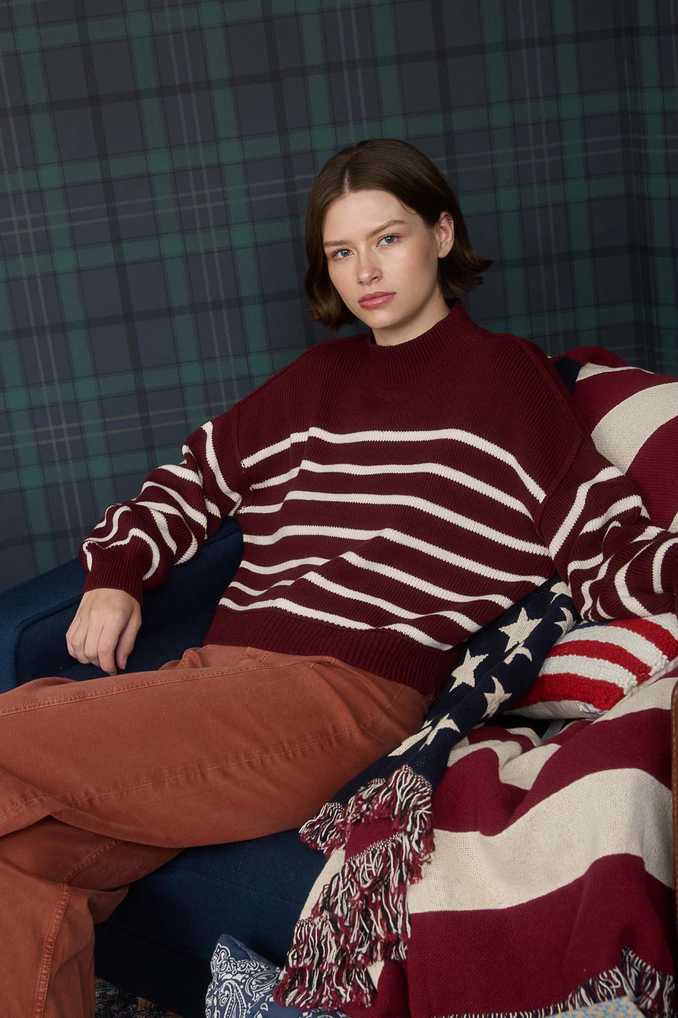 STRIPE MOCK NECK DROP SHOULDER KNIT SWEATER