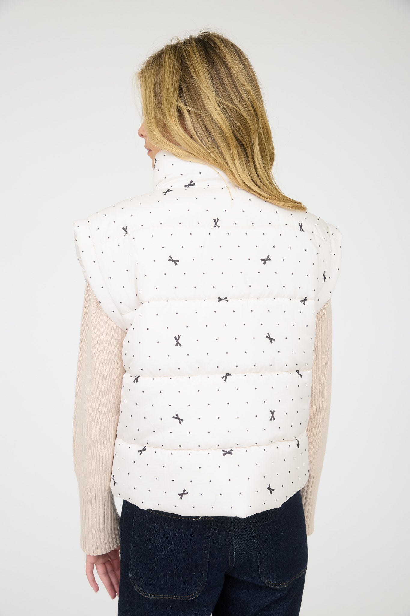 POLKA DOT BOW PATTERN ZIP-UP PUFFER VEST