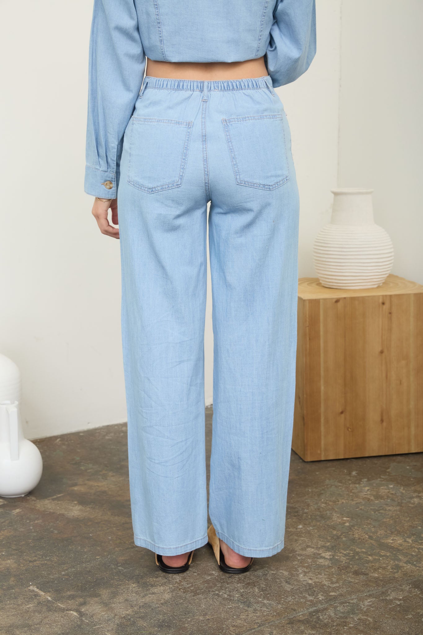 WASHED DENIM FRONT TIE WIDE LEG PANTS