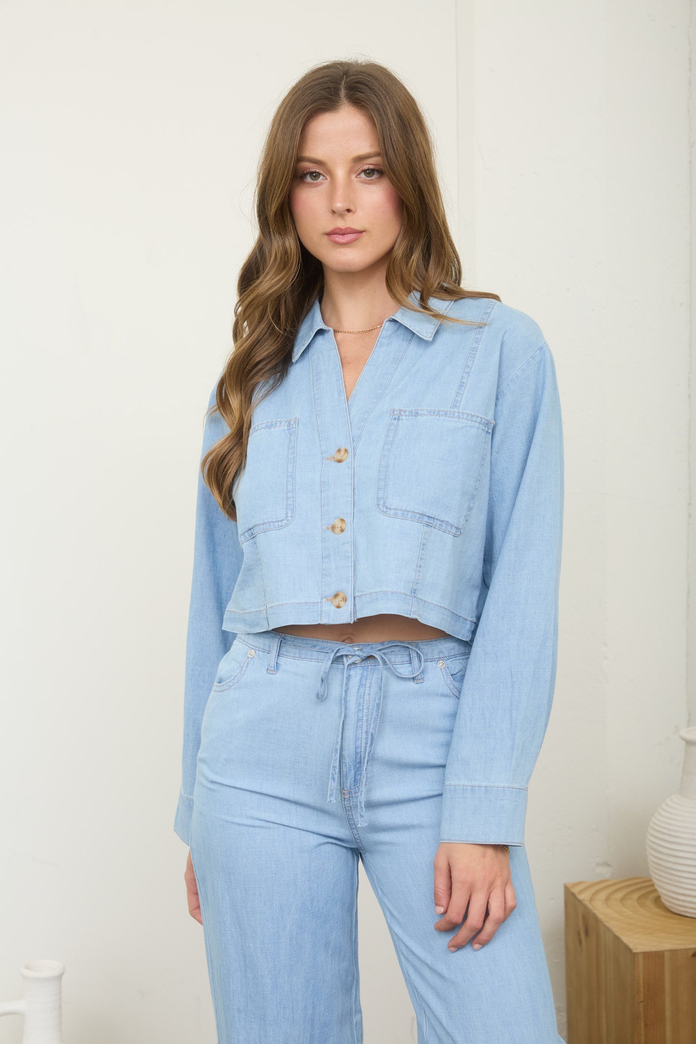 BUTTON DOWN COLLARED DENIM CROP TOP