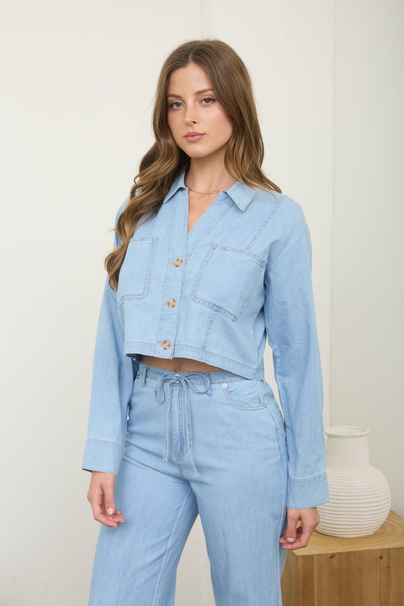 BUTTON DOWN COLLARED DENIM CROP TOP