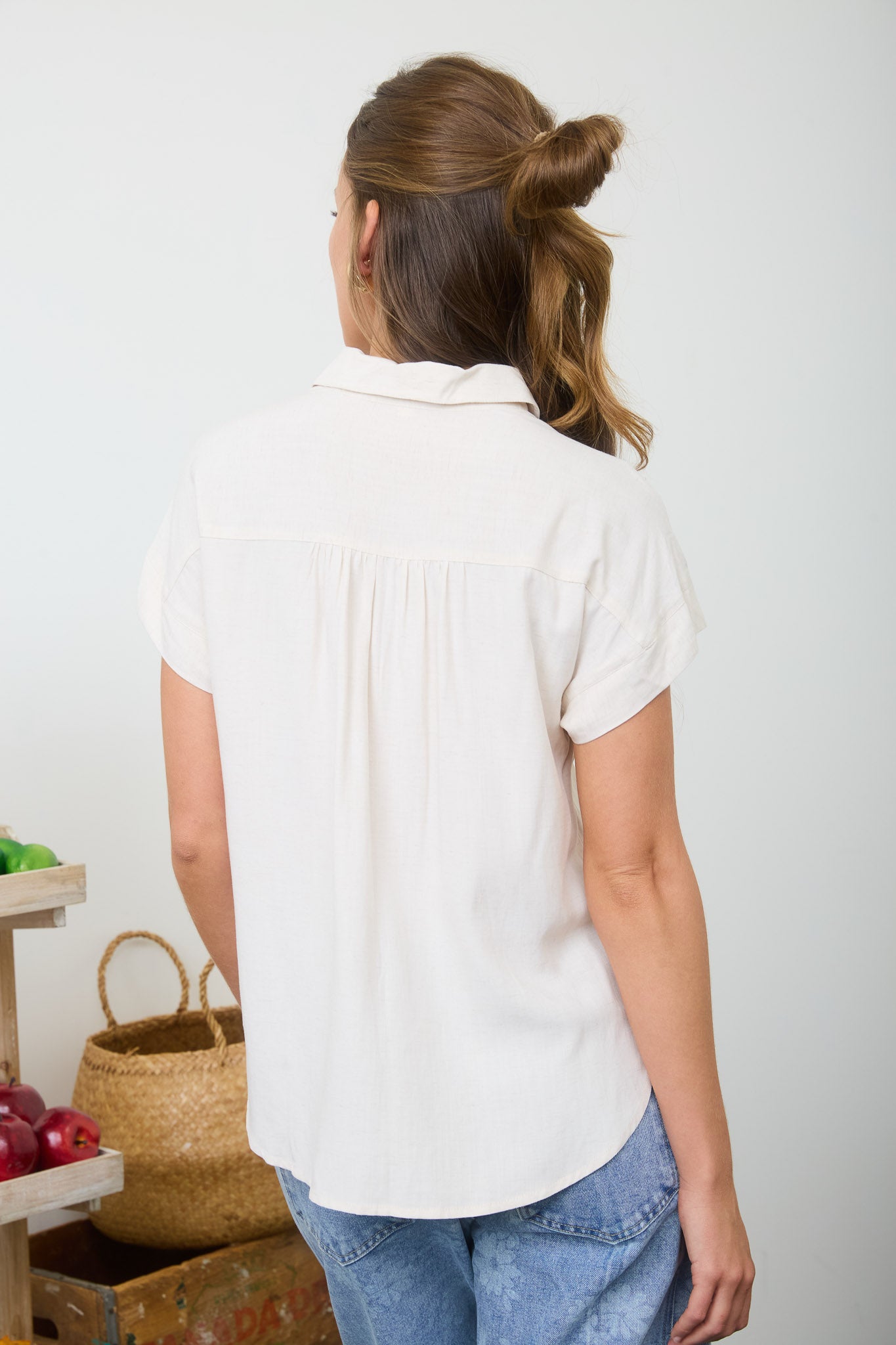 PLUS COLLARED RUCHED SHOULDER SHORT SLEEVE SHIRT (PRE-ORDER)