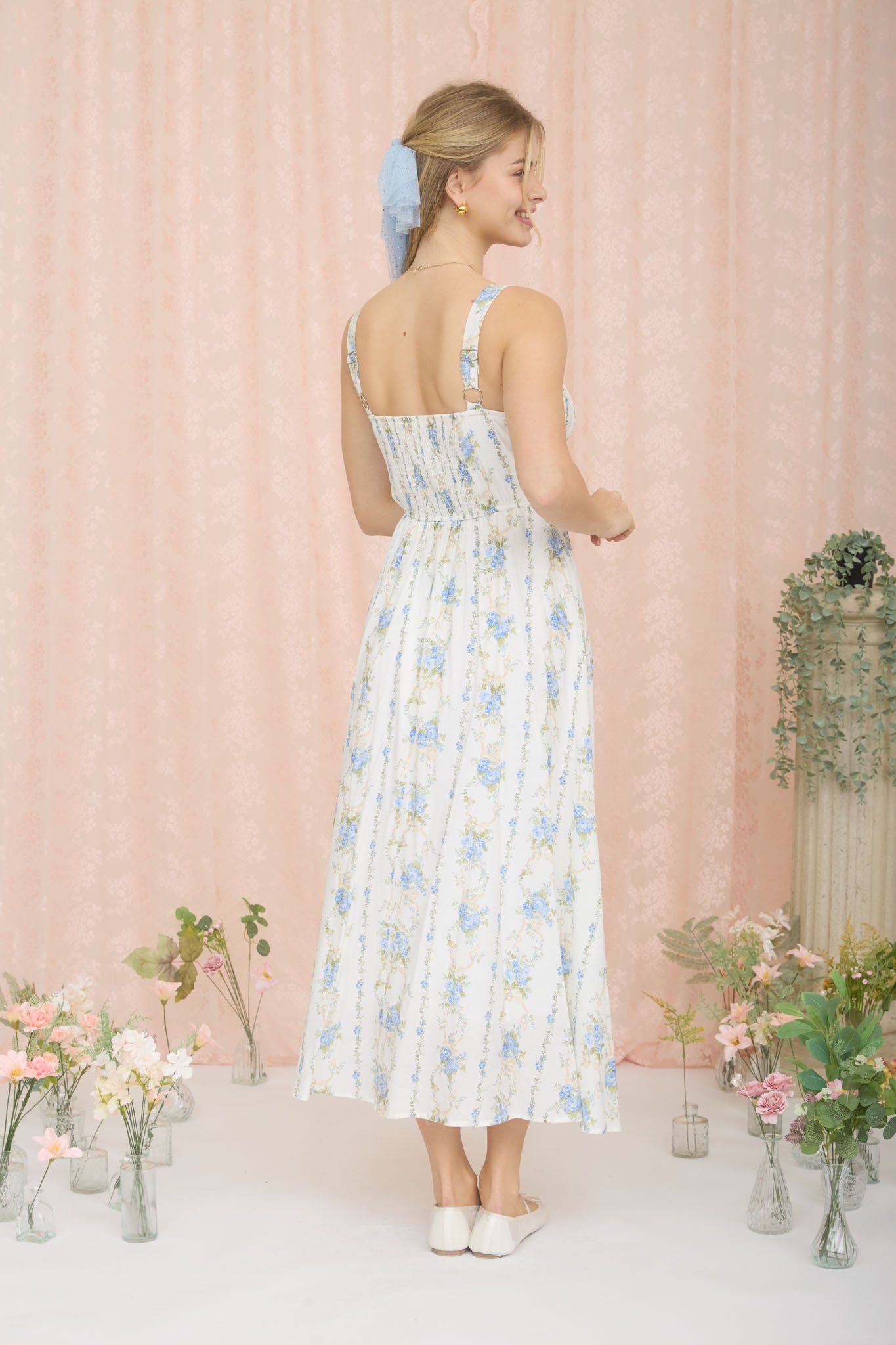 FLORAL GARLAND SLEEVELESS CORSET MIDI DRESS