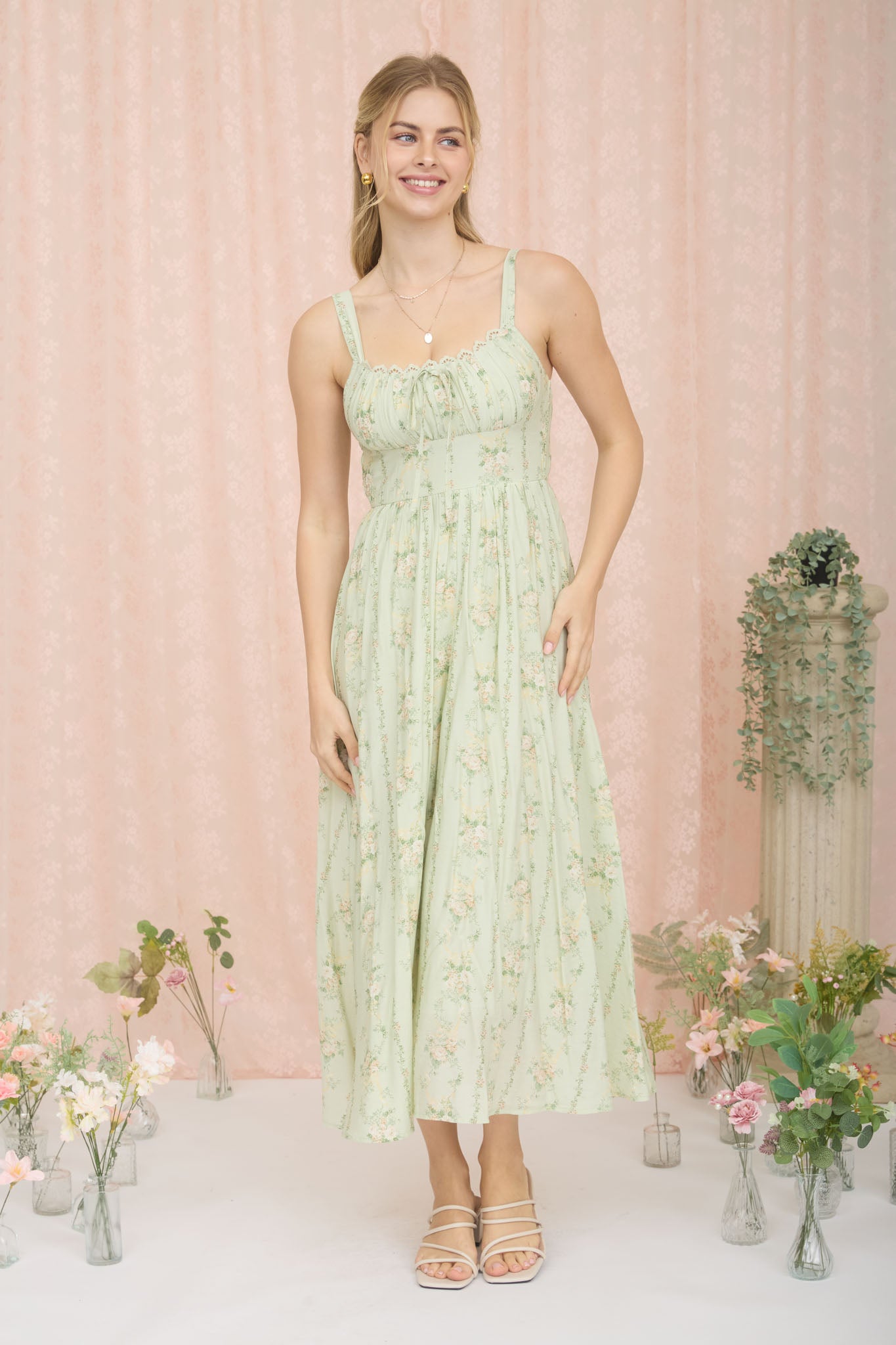 FLORAL GARLAND SLEEVELESS CORSET MIDI DRESS