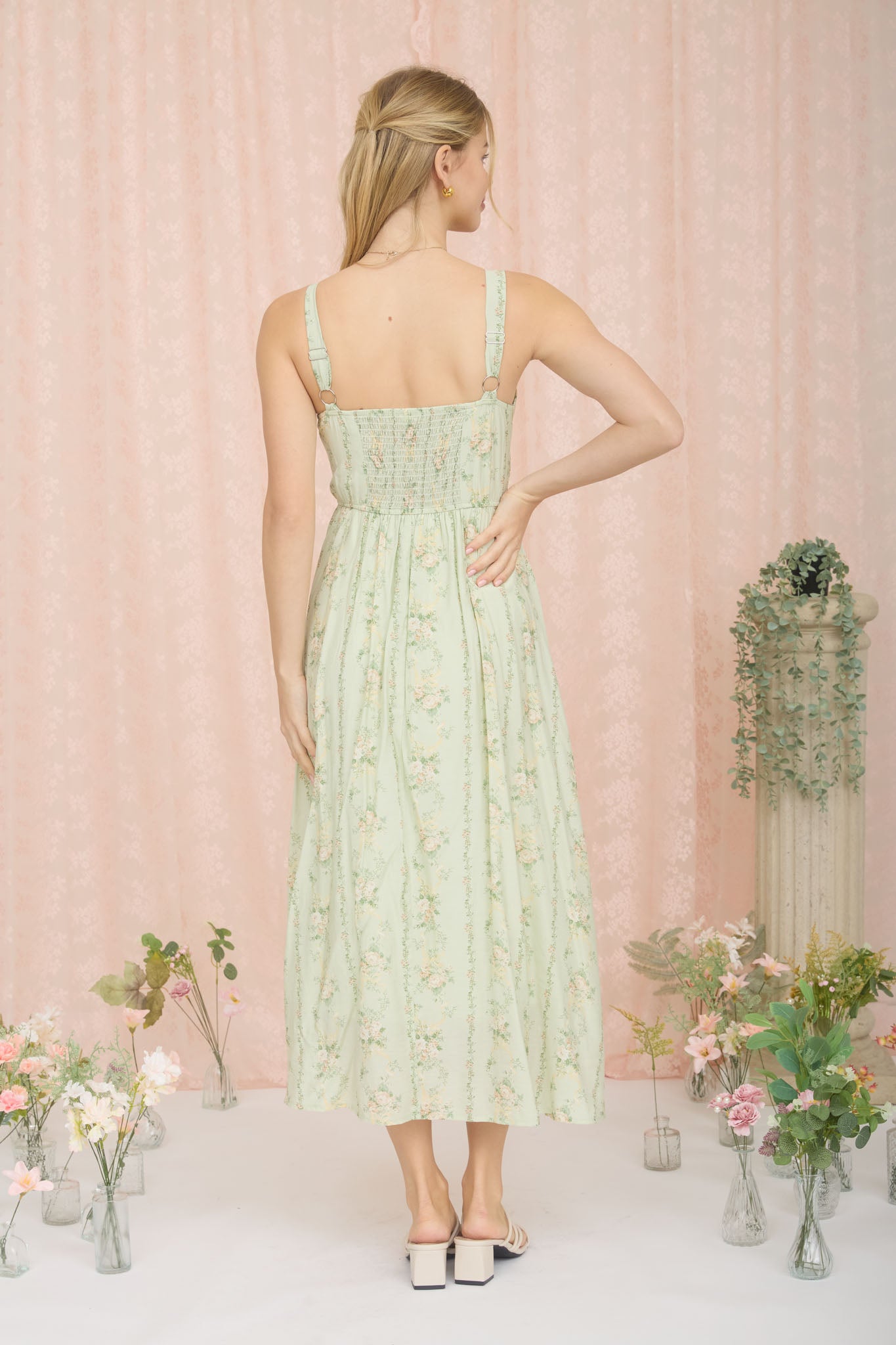 FLORAL GARLAND SLEEVELESS CORSET MIDI DRESS