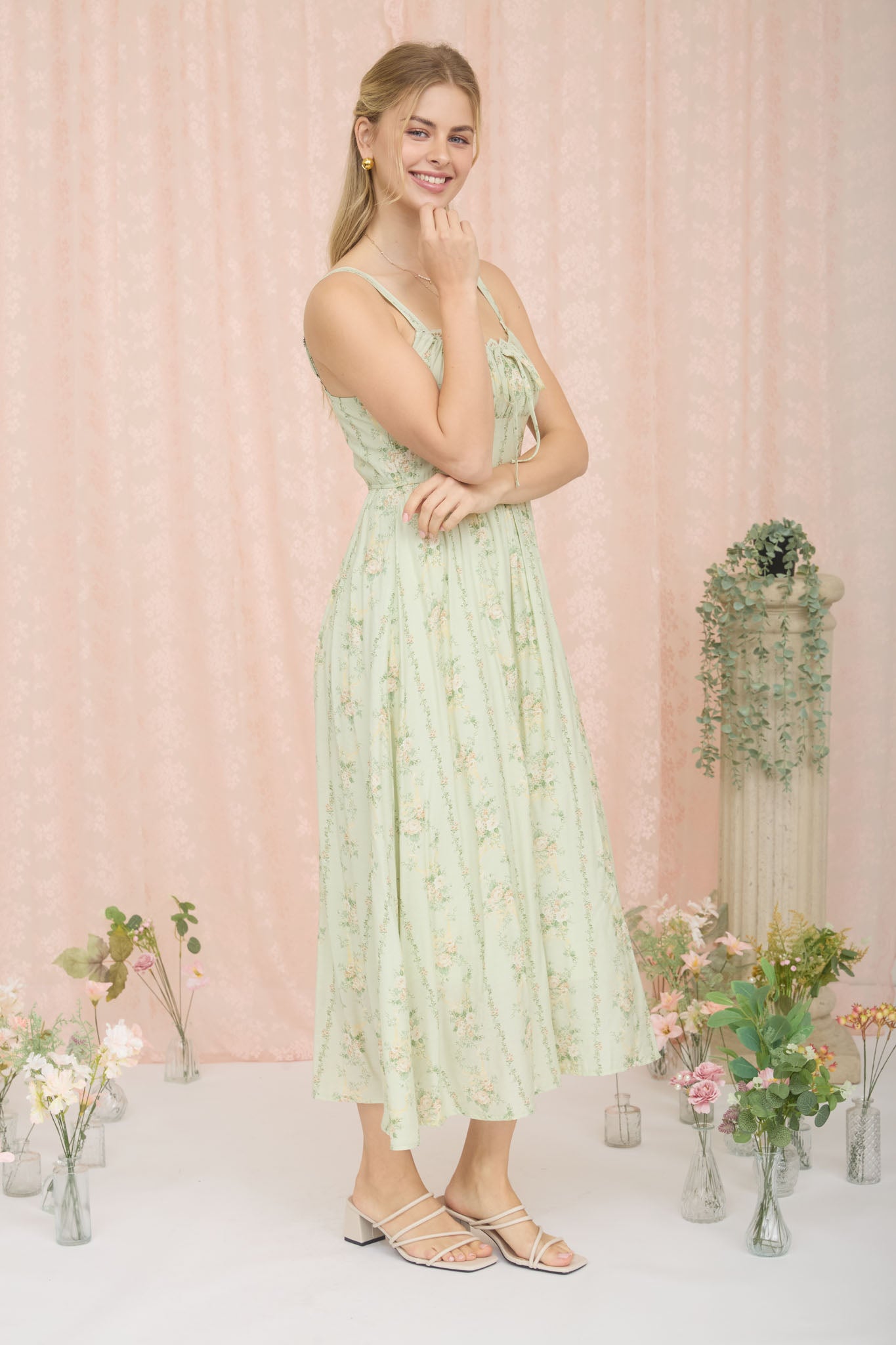 FLORAL GARLAND SLEEVELESS CORSET MIDI DRESS