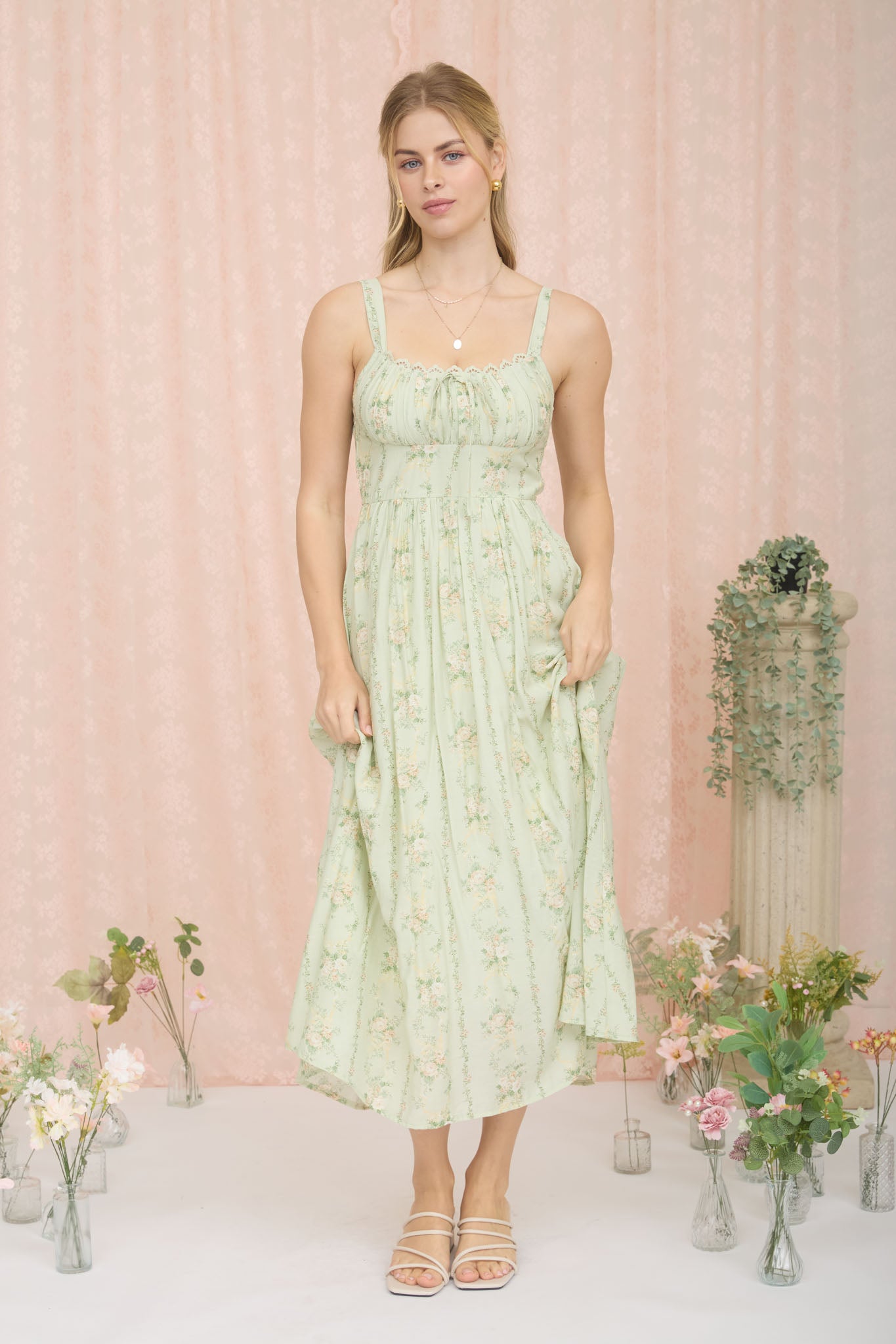 FLORAL GARLAND SLEEVELESS CORSET MIDI DRESS