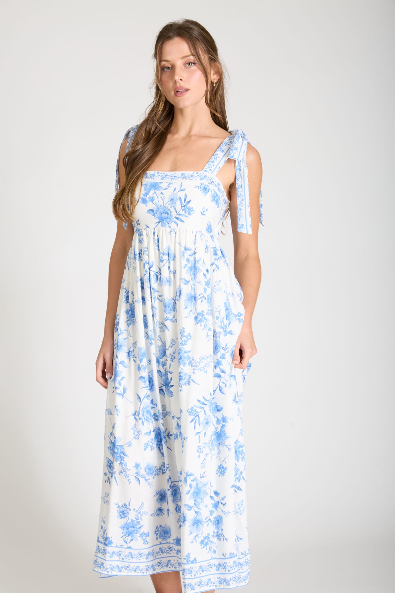 PLUS FLORAL BORDER EMPIRE WAIST MIDI DRESS (PRE-ORDER)