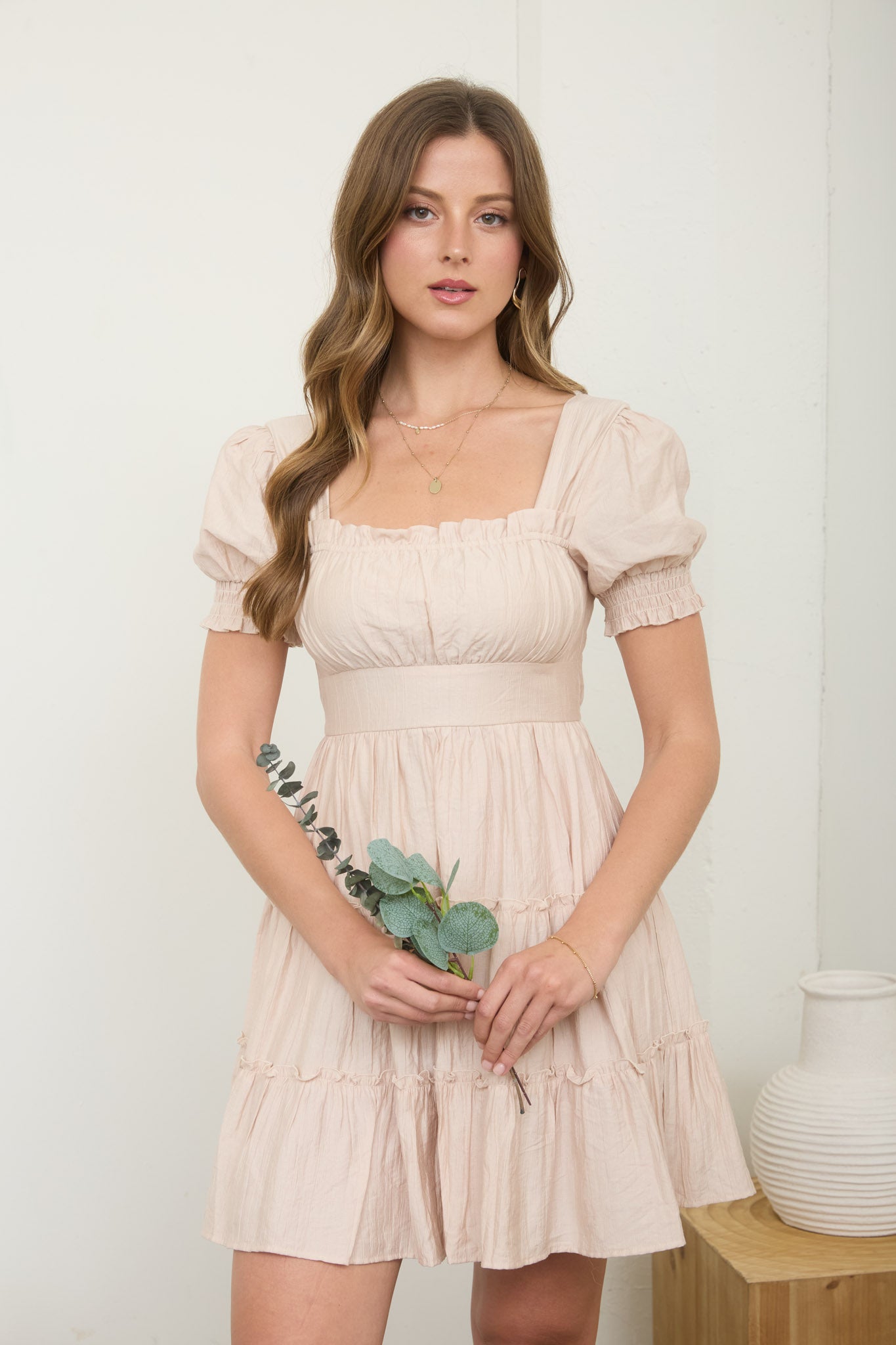 SQUARE NECK RUFFLE DETAIL TIERED MINI DRESS