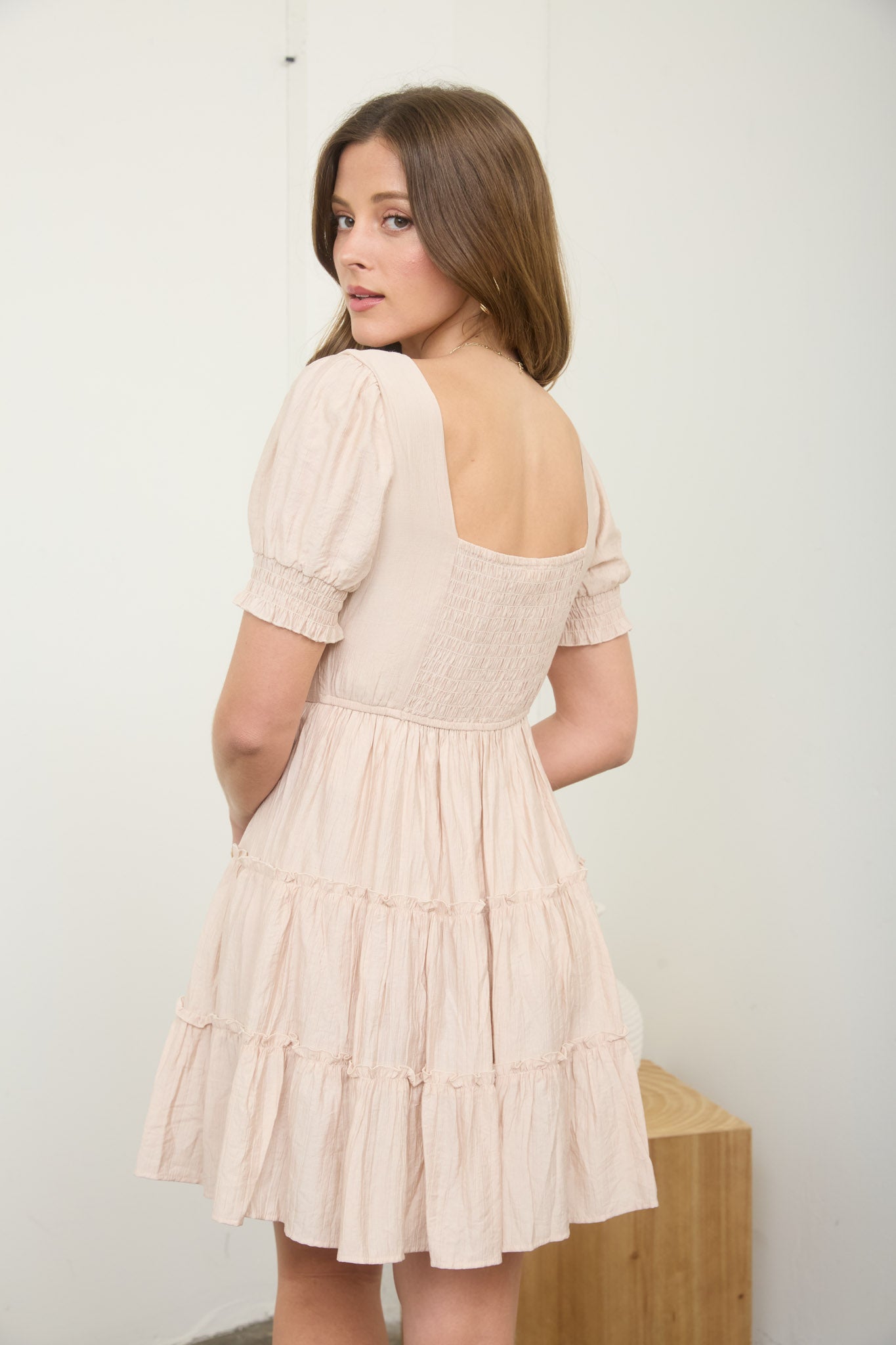 SQUARE NECK RUFFLE DETAIL TIERED MINI DRESS