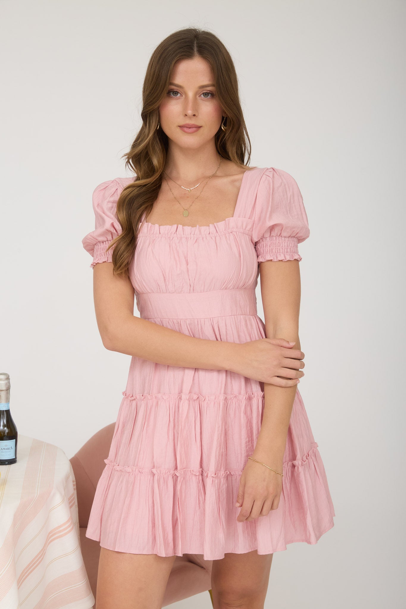 SQUARE NECK RUFFLE DETAIL TIERED MINI DRESS