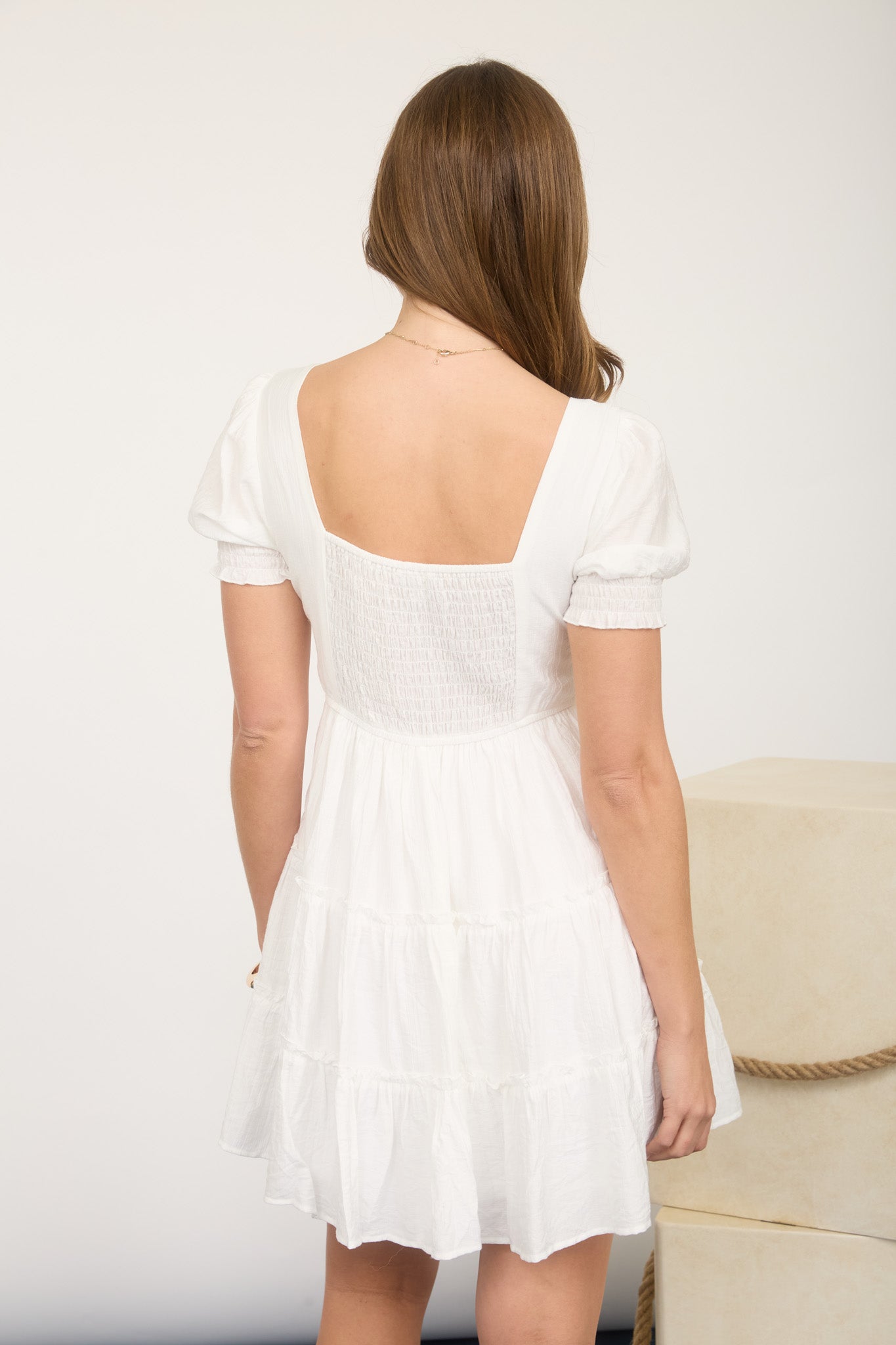 SQUARE NECK RUFFLE DETAIL TIERED MINI DRESS