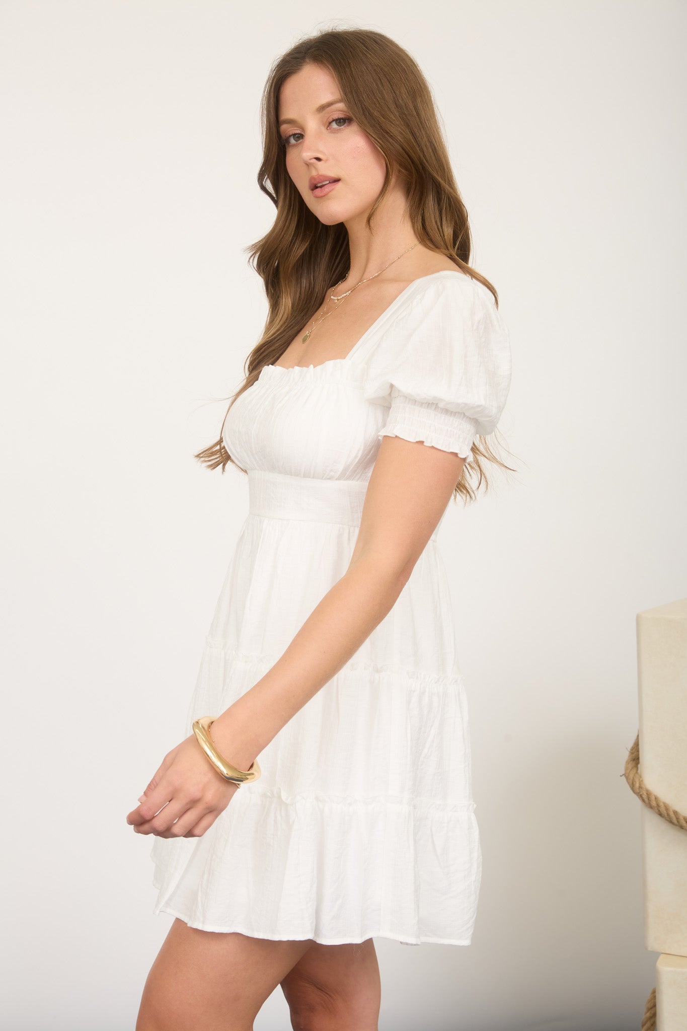 SQUARE NECK RUFFLE DETAIL TIERED MINI DRESS