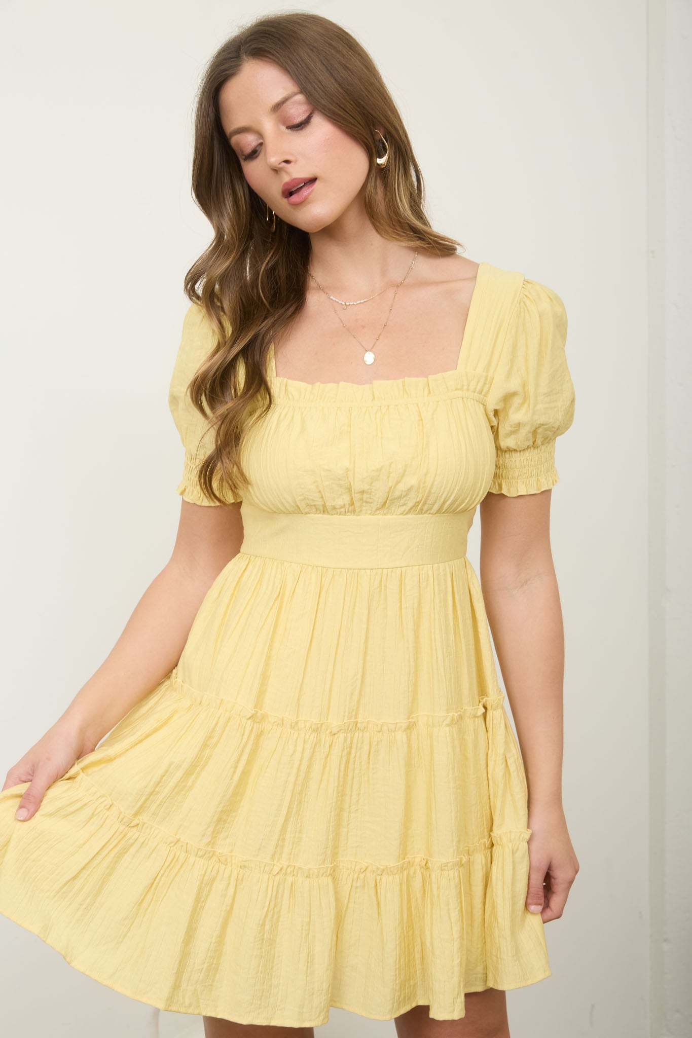 SQUARE NECK RUFFLE DETAIL TIERED MINI DRESS