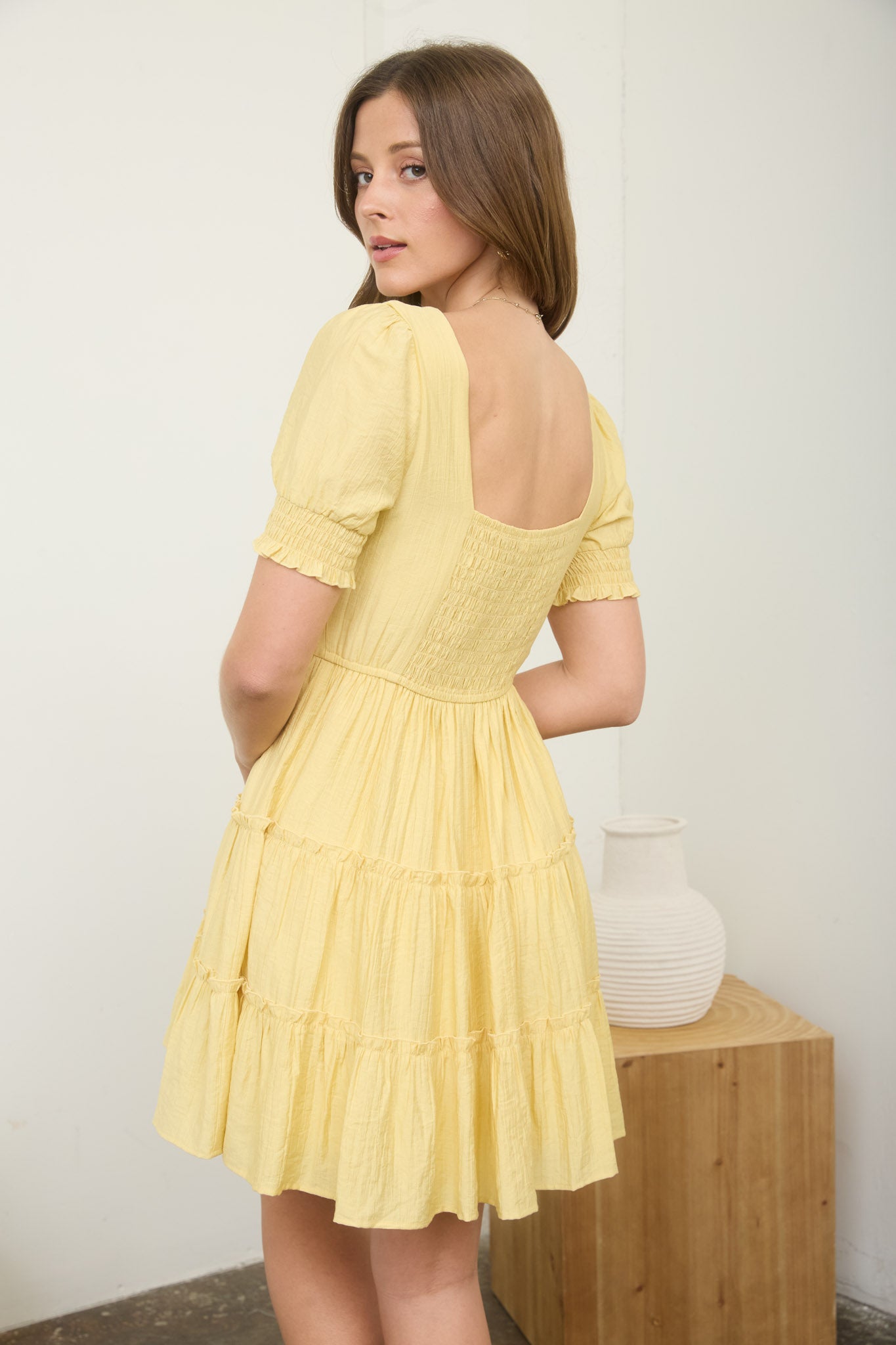 SQUARE NECK RUFFLE DETAIL TIERED MINI DRESS