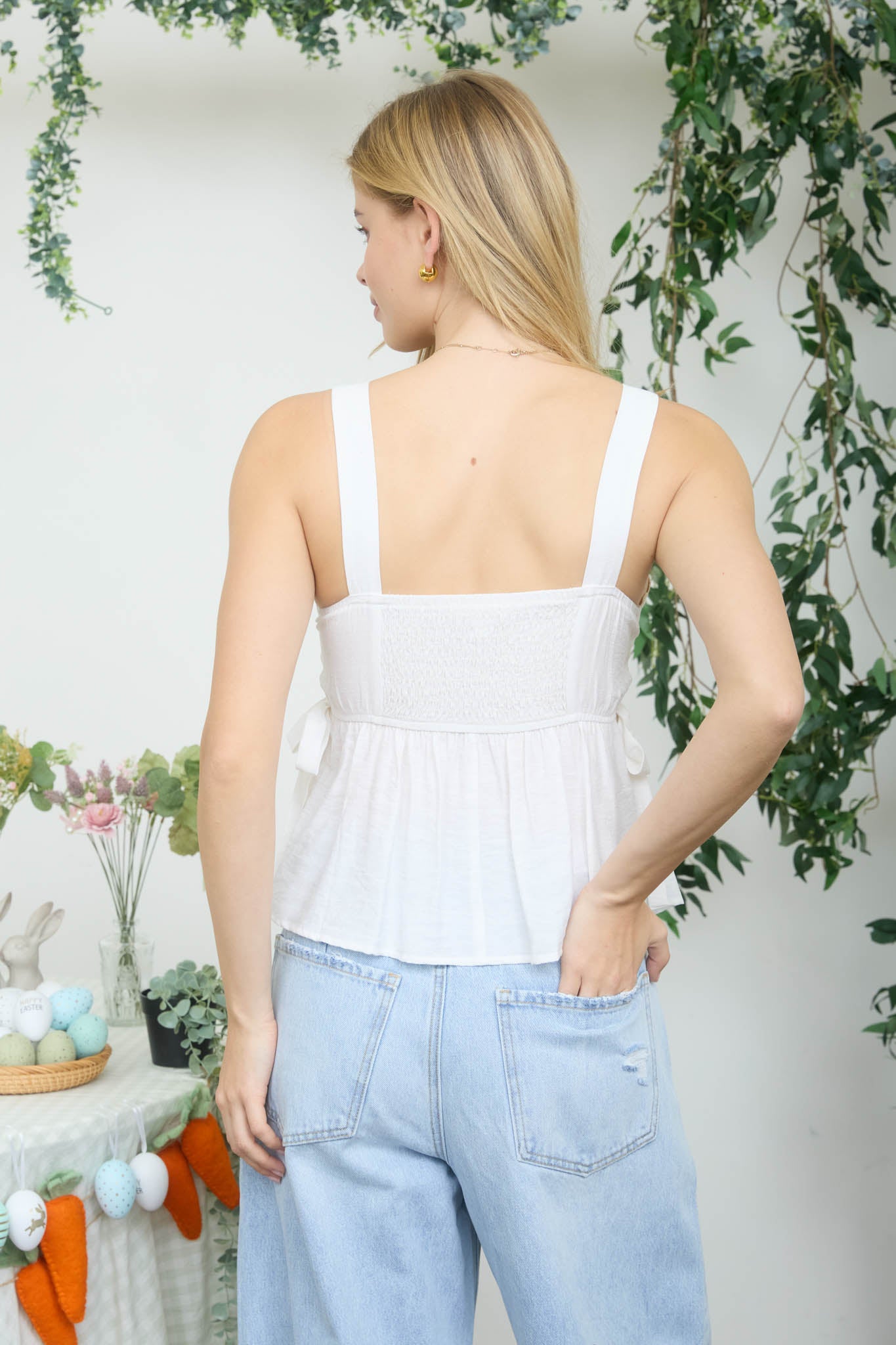 FLORAL EMBROIDERY SIDE TIE SLEEVELESS TOP