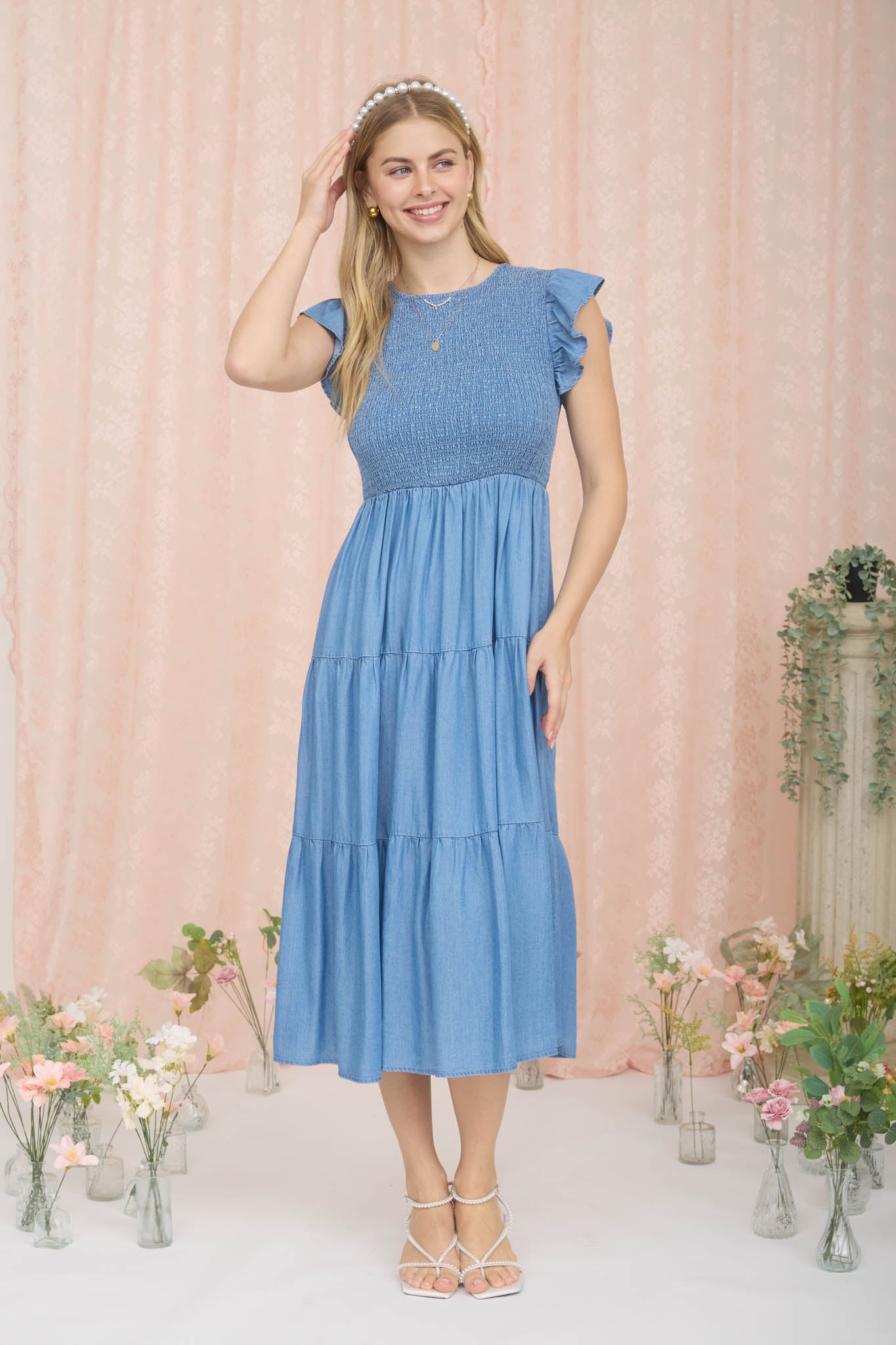 CHAMBRAY SMOCKED TIERED MIDI DRESS