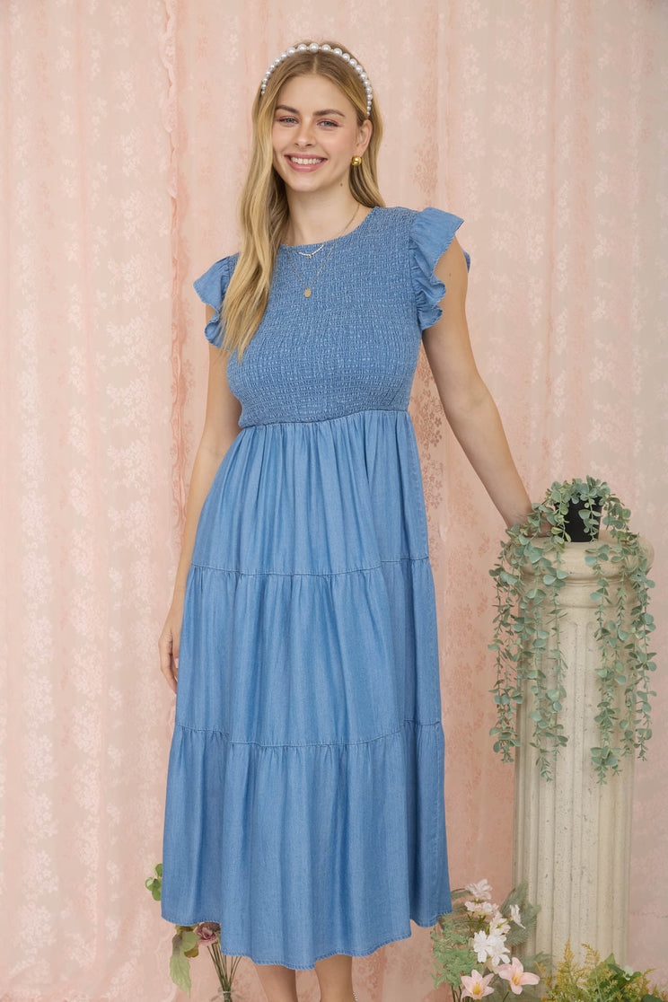 CHAMBRAY SMOCKED TIERED MIDI DRESS