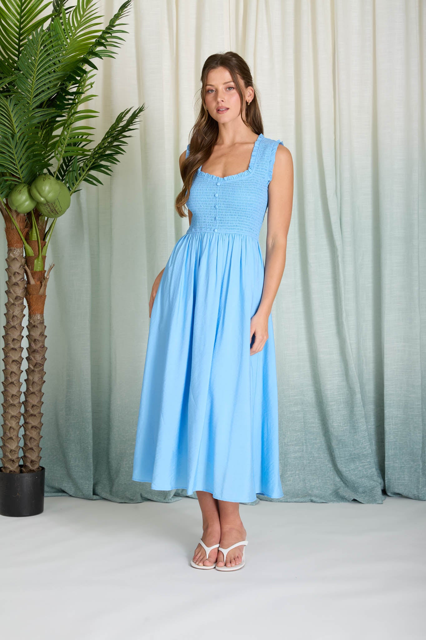 SWEETHEART SMOCKED MOCK BUTTON MIDI DRESS (PRE-ORDER)