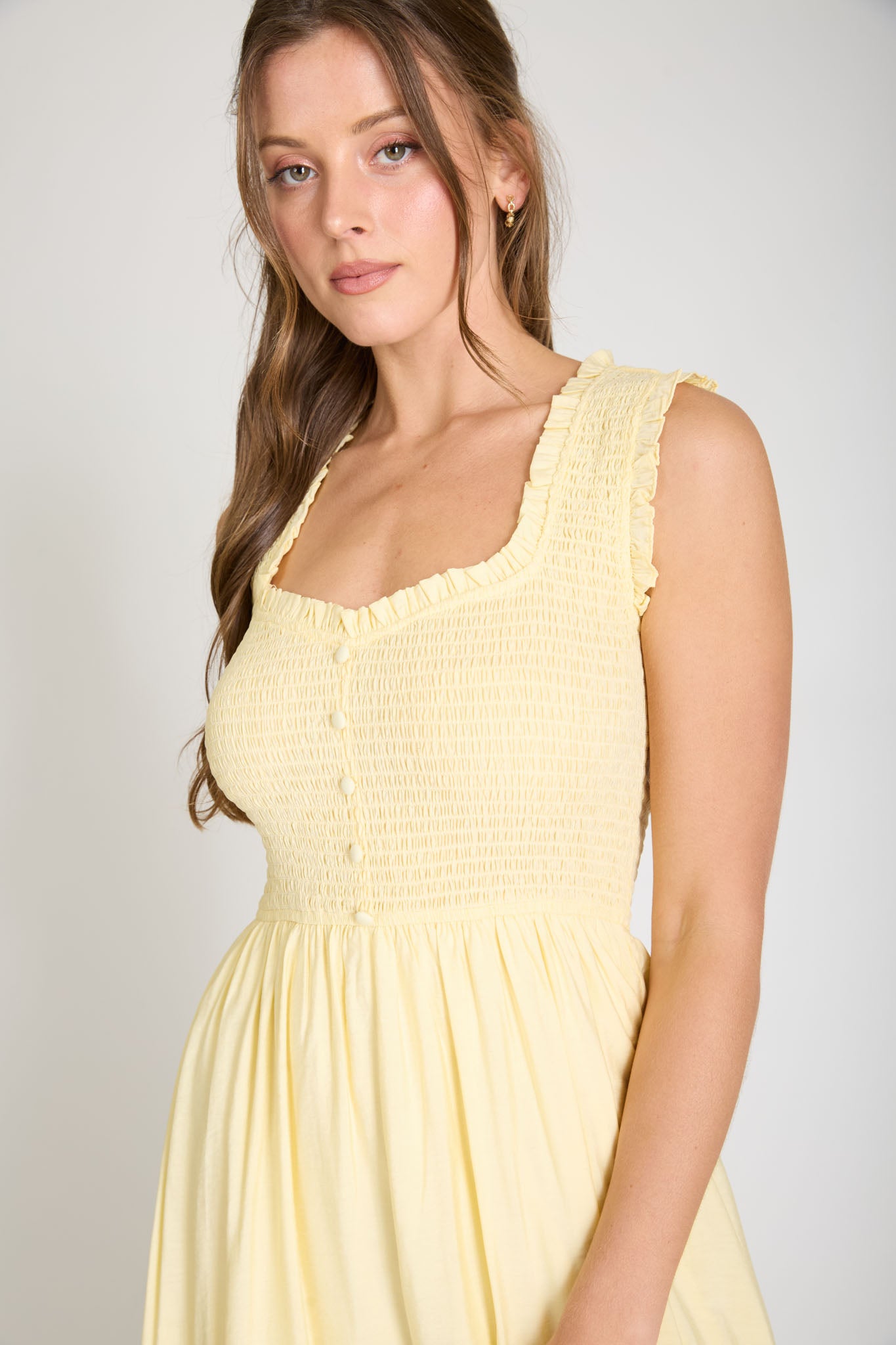 SWEETHEART SMOCKED MOCK BUTTON MIDI DRESS (PRE-ORDER)