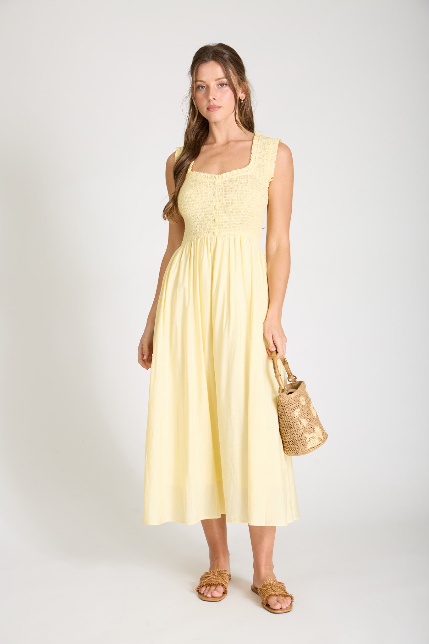 SWEETHEART SMOCKED MOCK BUTTON MIDI DRESS (PRE-ORDER)