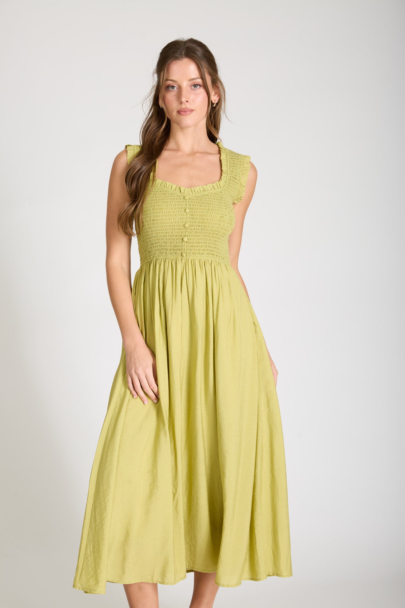 SWEETHEART SMOCKED MOCK BUTTON MIDI DRESS (PRE-ORDER)