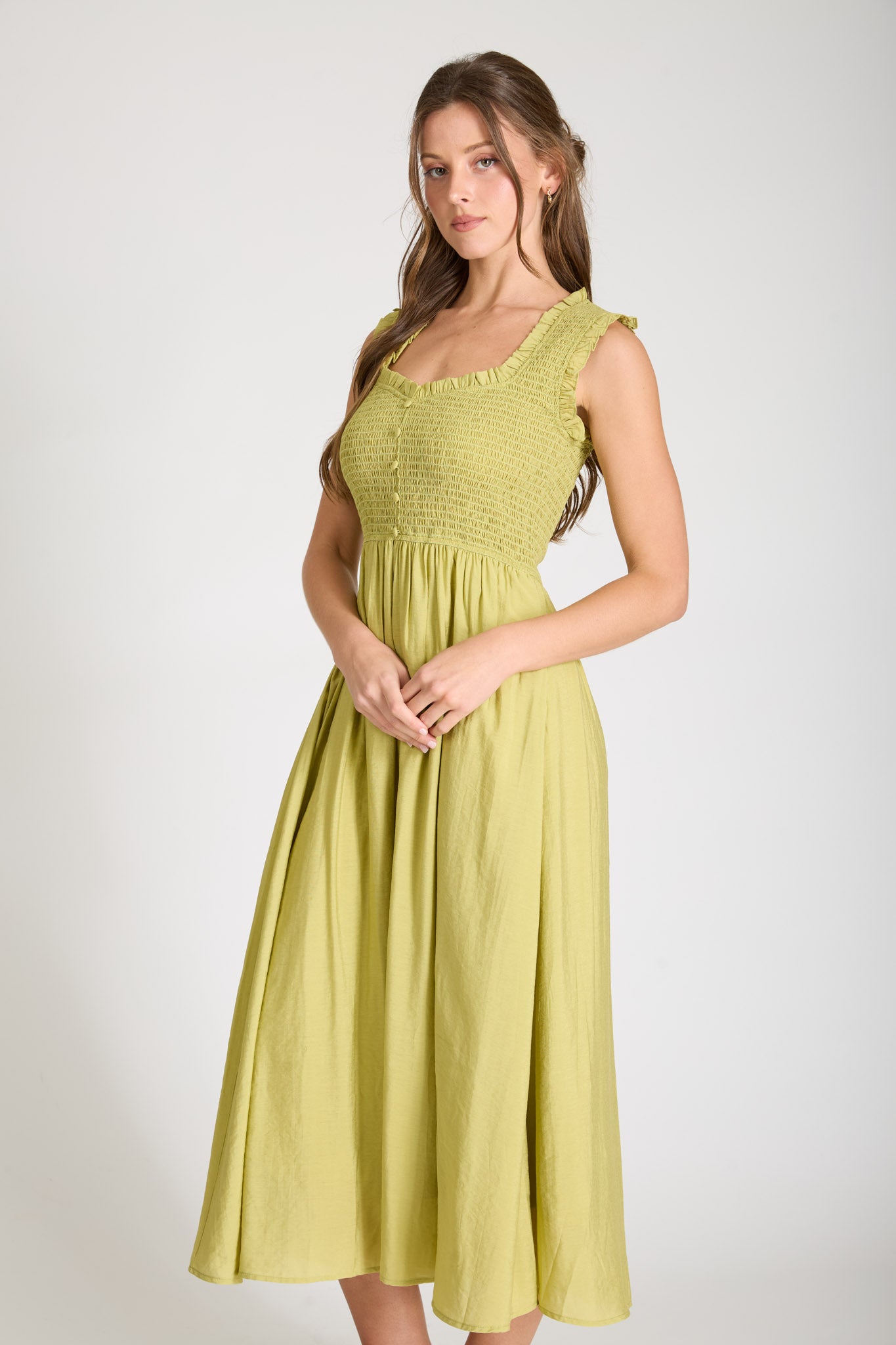 SWEETHEART SMOCKED MOCK BUTTON MIDI DRESS (PRE-ORDER)