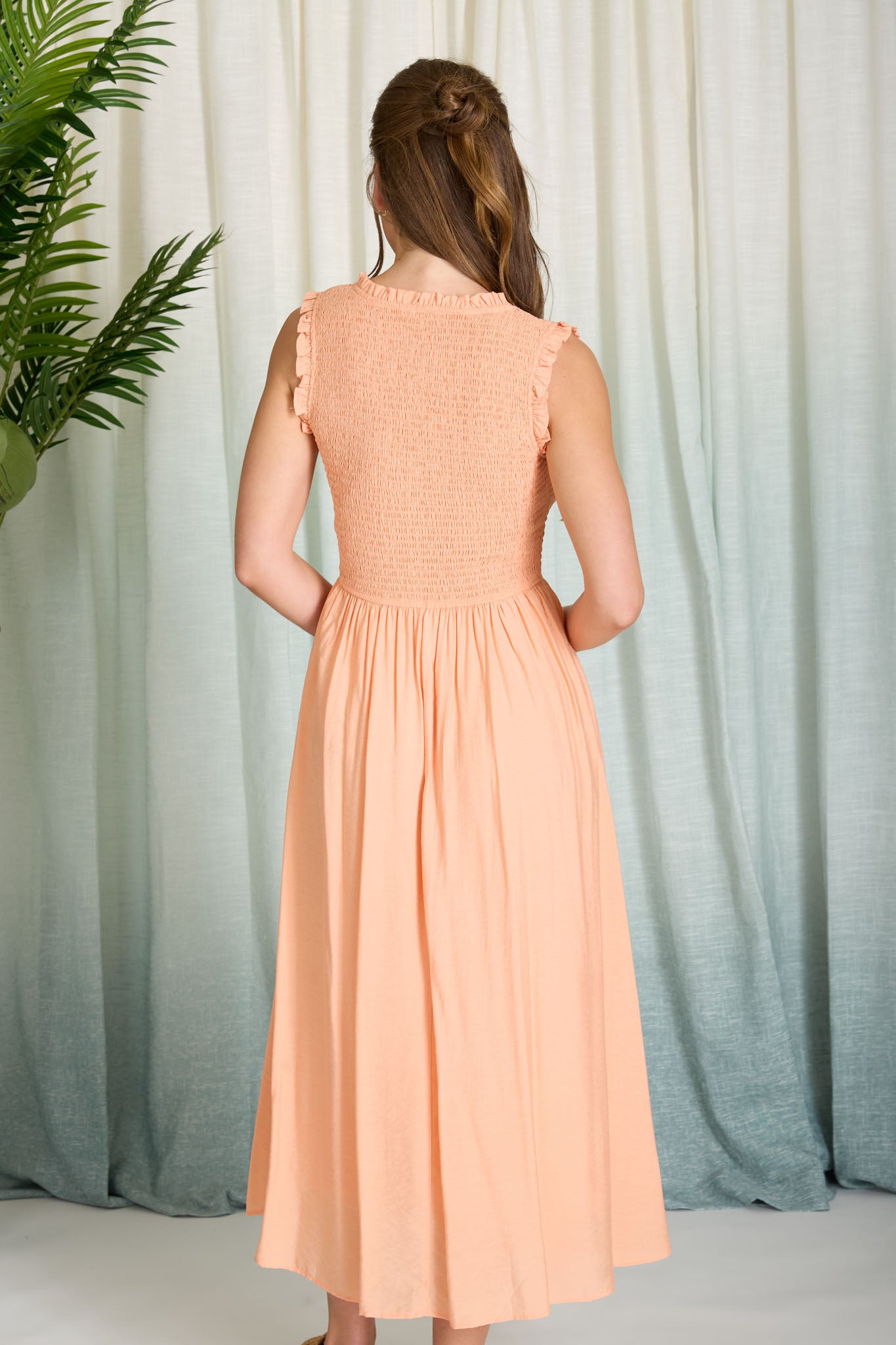 SWEETHEART SMOCKED MOCK BUTTON MIDI DRESS (PRE-ORDER)