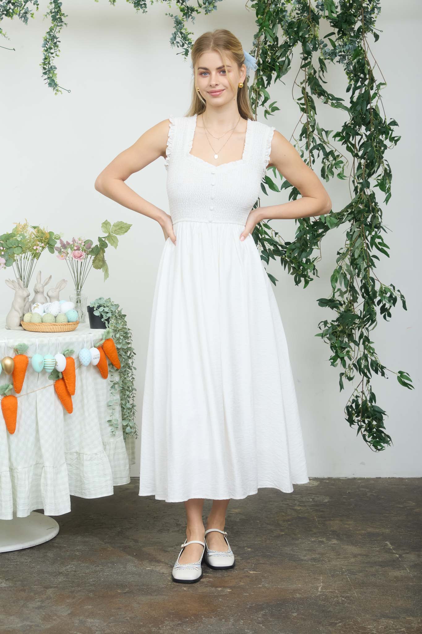 SWEETHEART SMOCKED MOCK BUTTON MIDI DRESS (PRE-ORDER)