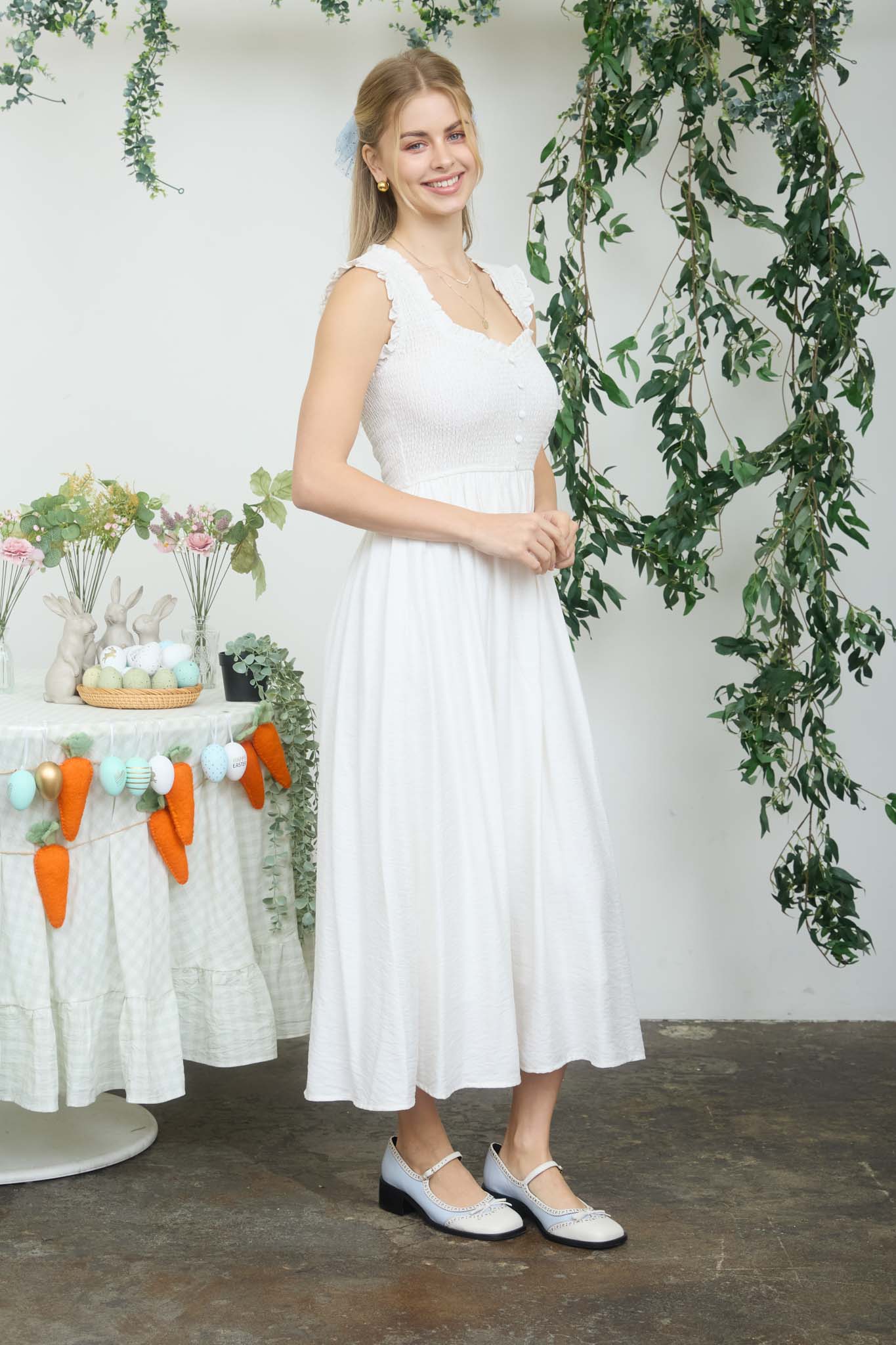 SWEETHEART SMOCKED MOCK BUTTON MIDI DRESS (PRE-ORDER)