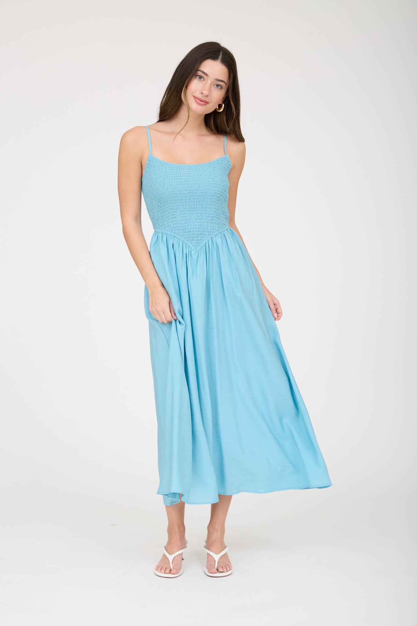 SMOCKED BASQUE WAIST SPAGHETTI STRAP MIDI DRESS (PRE-ORDER)