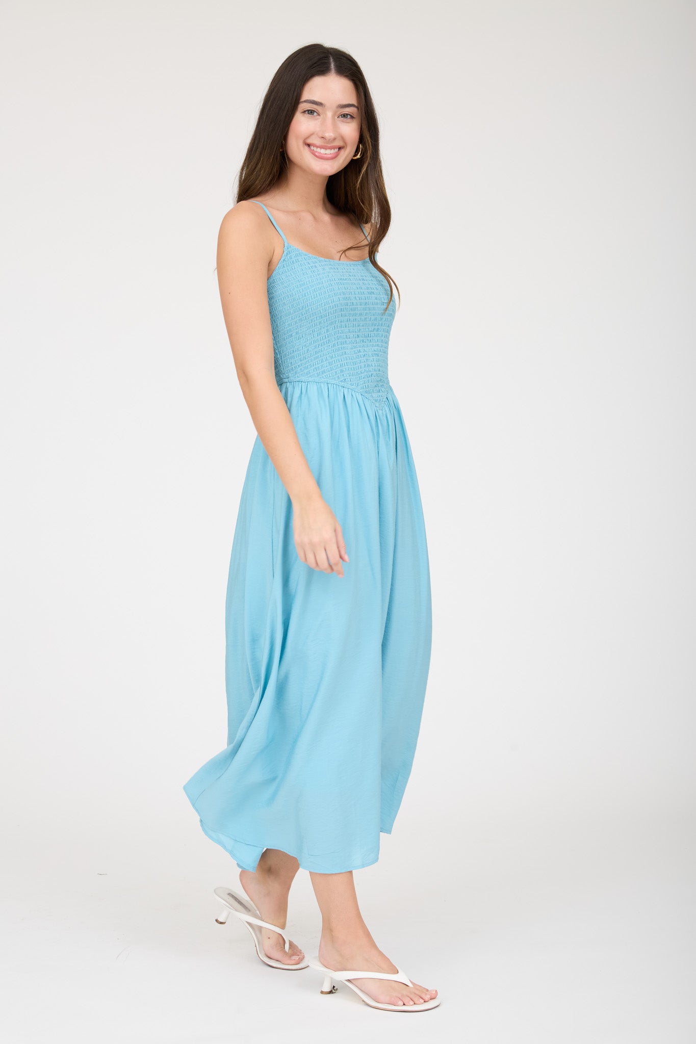 SMOCKED BASQUE WAIST SPAGHETTI STRAP MIDI DRESS (PRE-ORDER)
