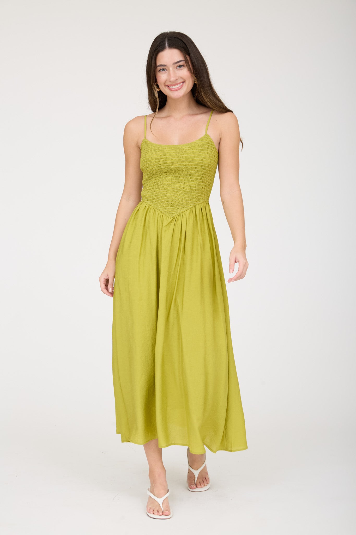 SMOCKED BASQUE WAIST SPAGHETTI STRAP MIDI DRESS (PRE-ORDER)
