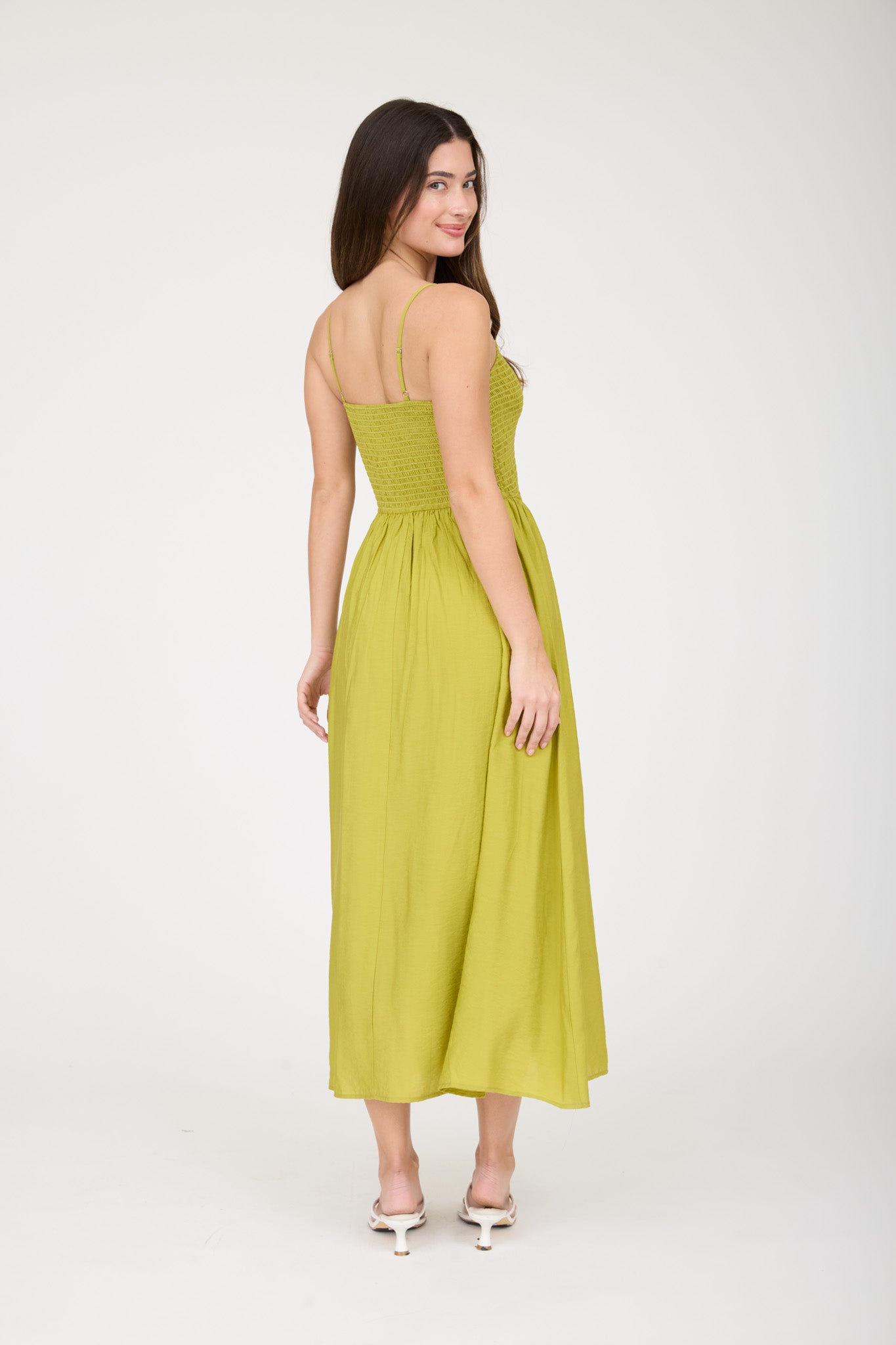 SMOCKED BASQUE WAIST SPAGHETTI STRAP MIDI DRESS (PRE-ORDER)