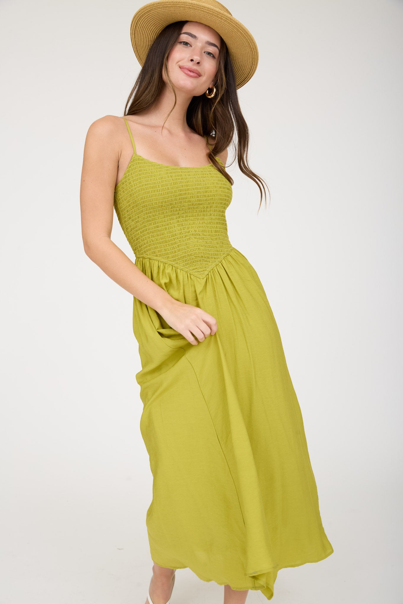 SMOCKED BASQUE WAIST SPAGHETTI STRAP MIDI DRESS (PRE-ORDER)