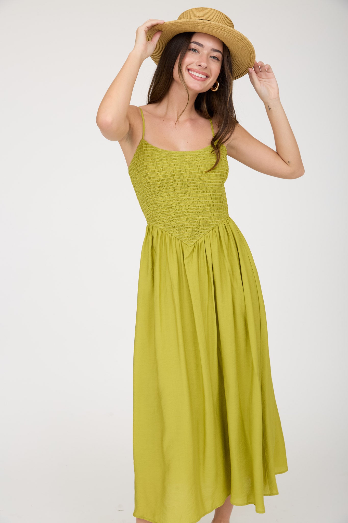 SMOCKED BASQUE WAIST SPAGHETTI STRAP MIDI DRESS (PRE-ORDER)