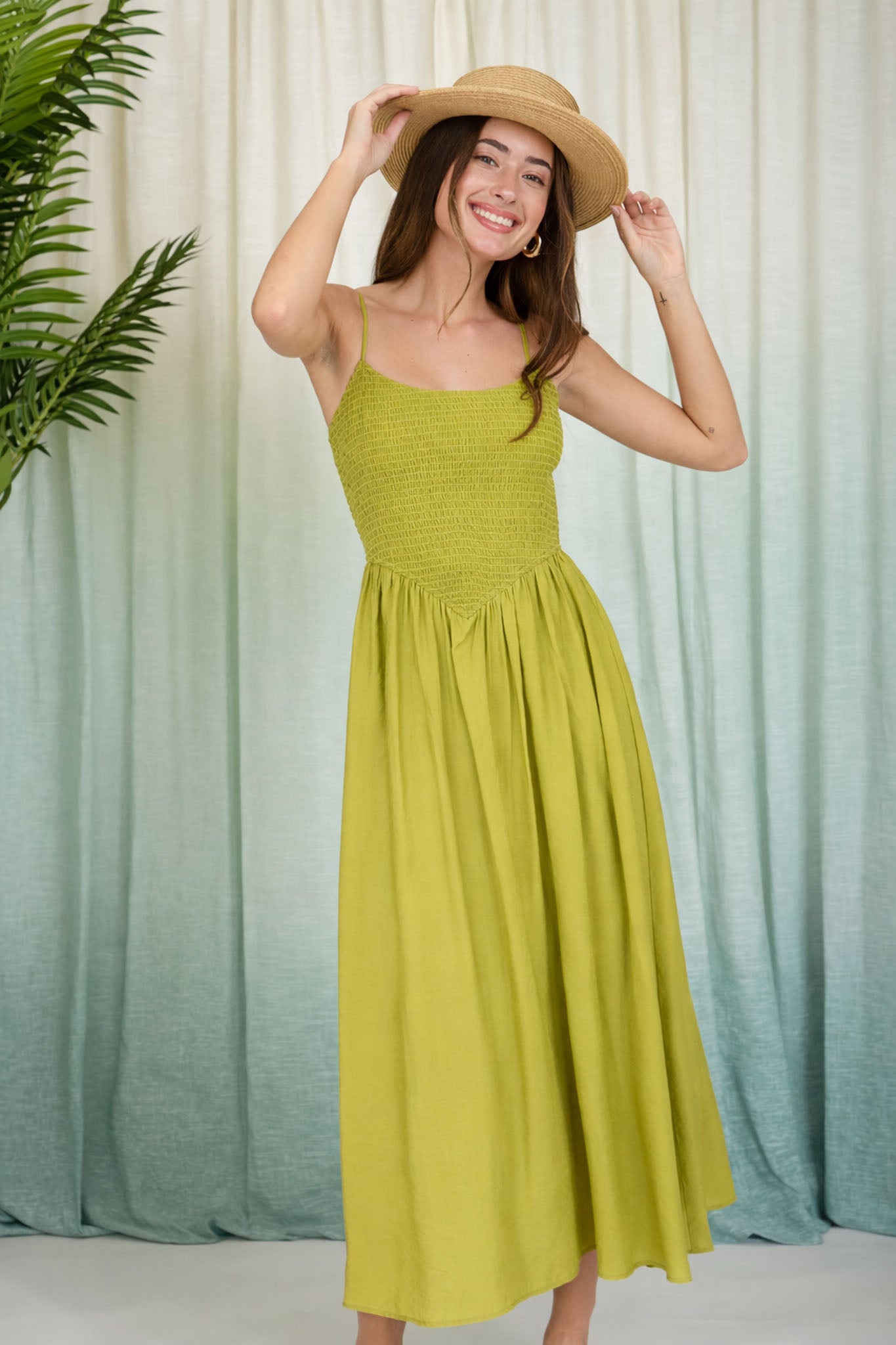 SMOCKED BASQUE WAIST SPAGHETTI STRAP MIDI DRESS (PRE-ORDER)