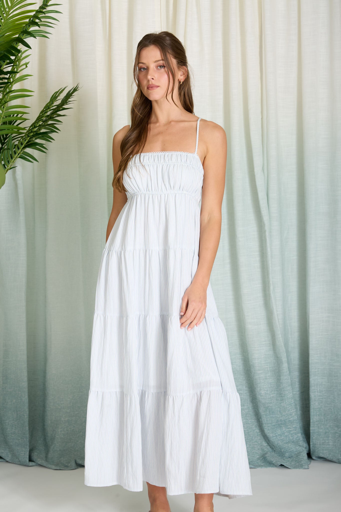 STRIPE SHIRRED EMPIRE WAIST TIERED MIDI DRESS