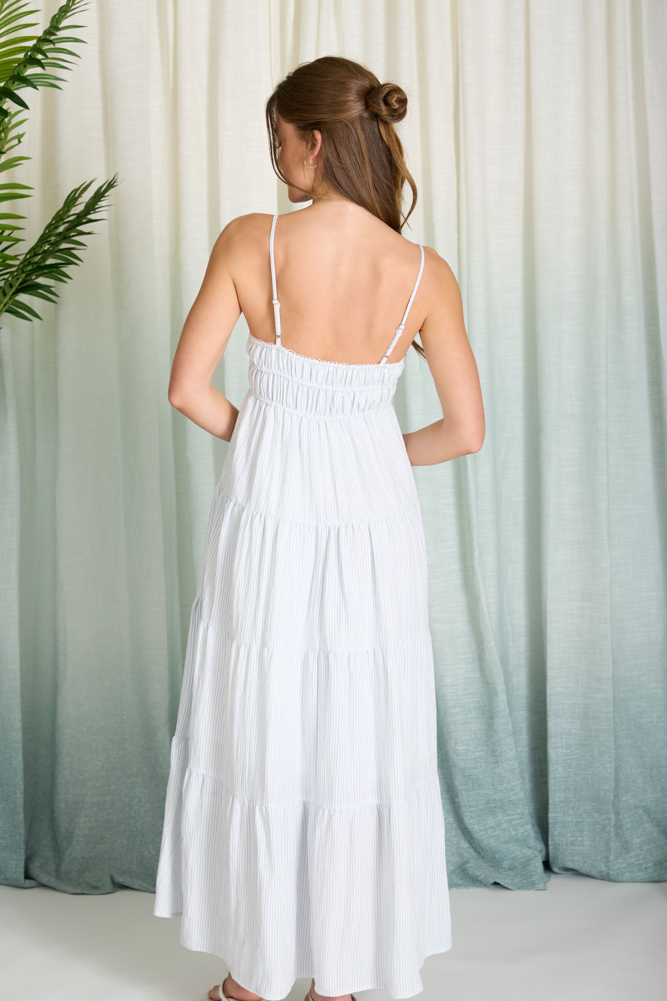 STRIPE SHIRRED EMPIRE WAIST TIERED MIDI DRESS