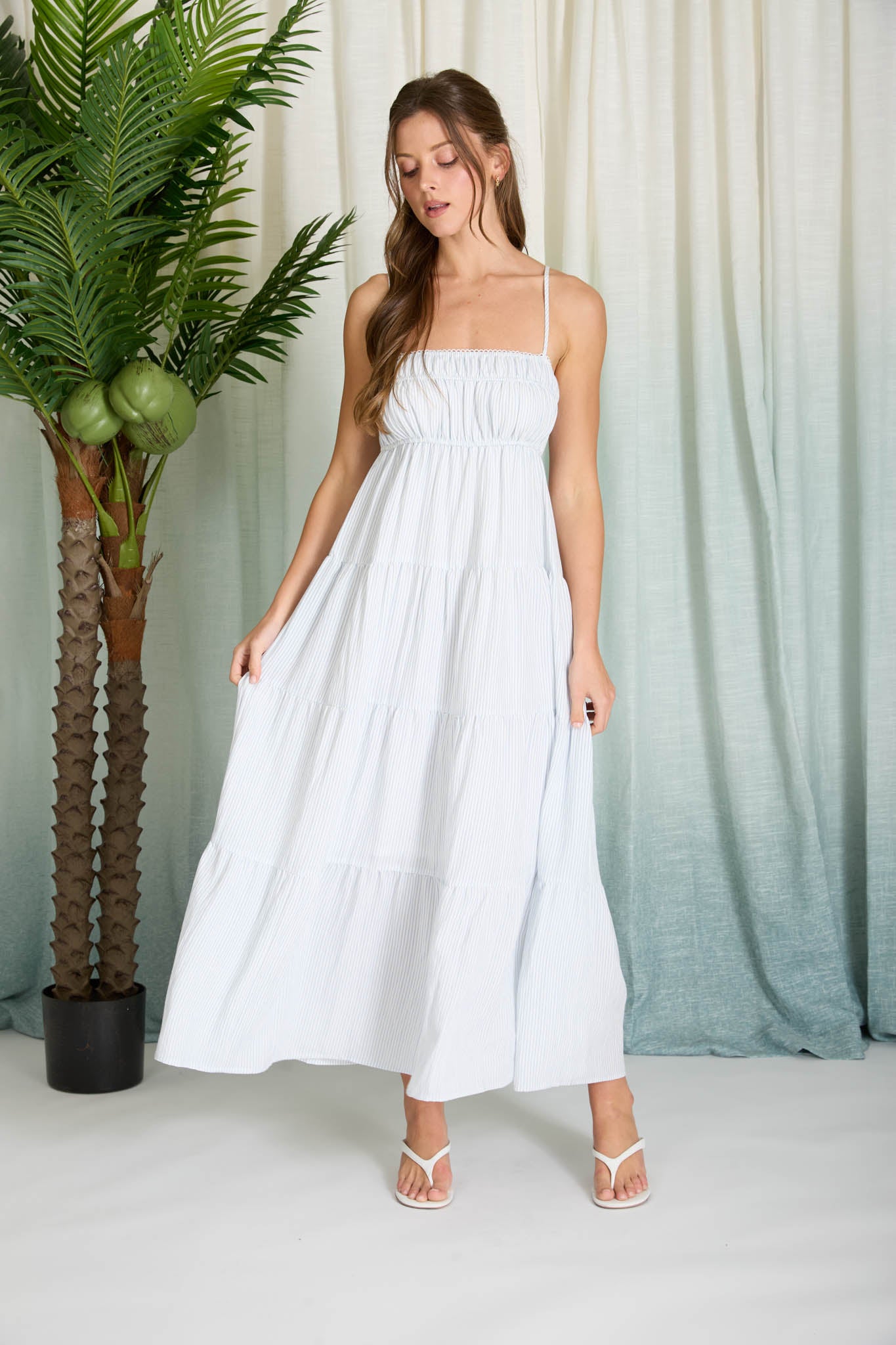 STRIPE SHIRRED EMPIRE WAIST TIERED MIDI DRESS