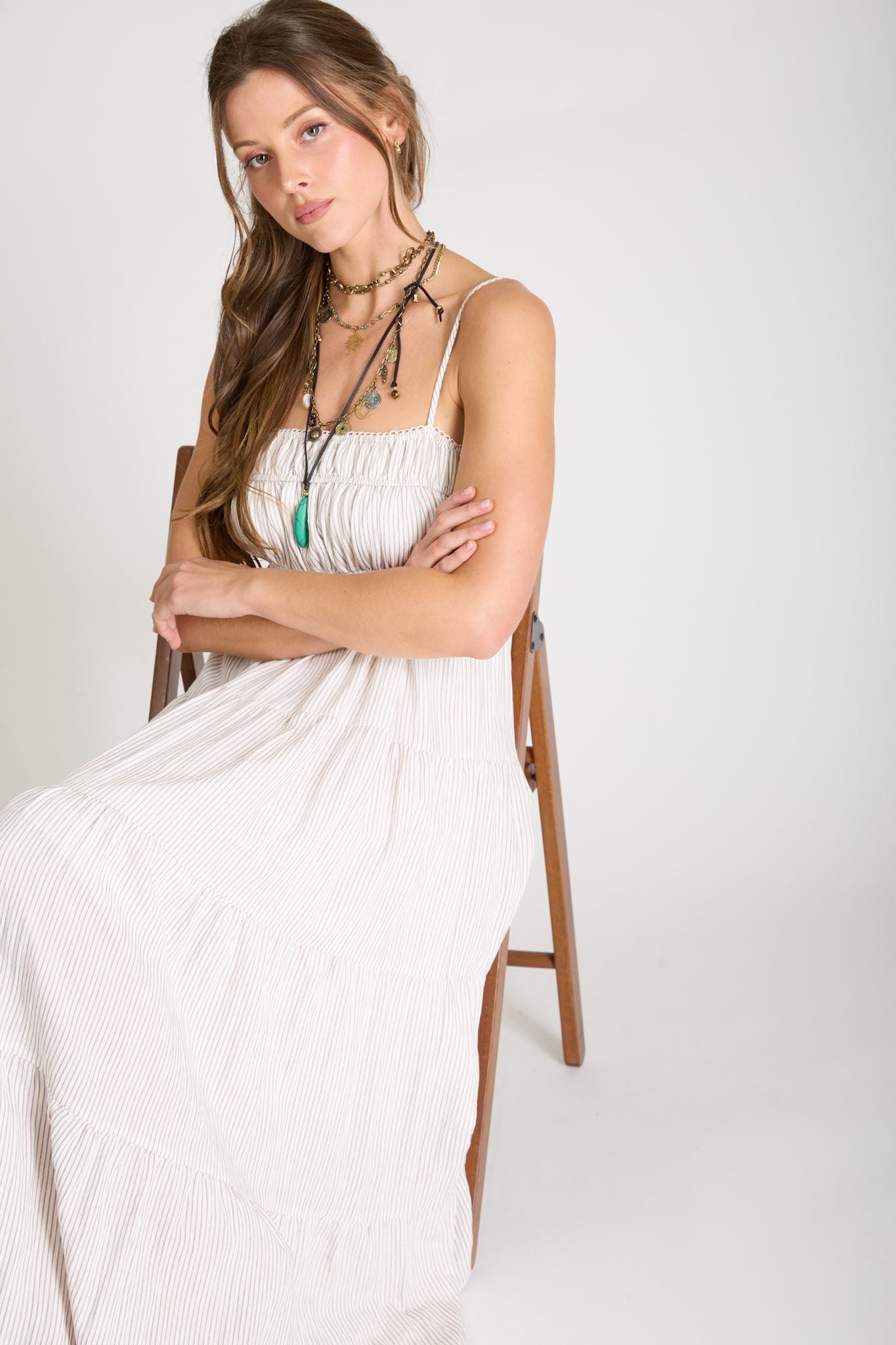 STRIPE SHIRRED EMPIRE WAIST TIERED MIDI DRESS