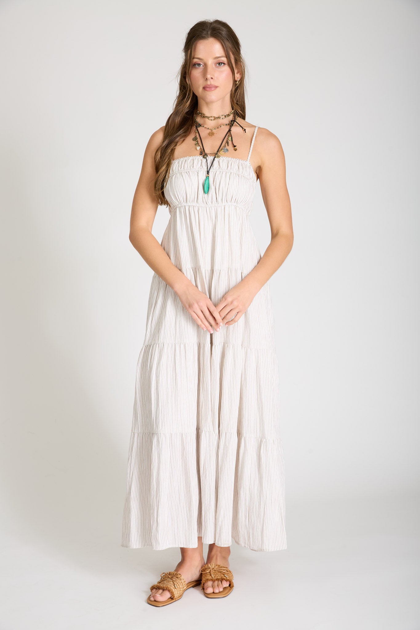 STRIPE SHIRRED EMPIRE WAIST TIERED MIDI DRESS