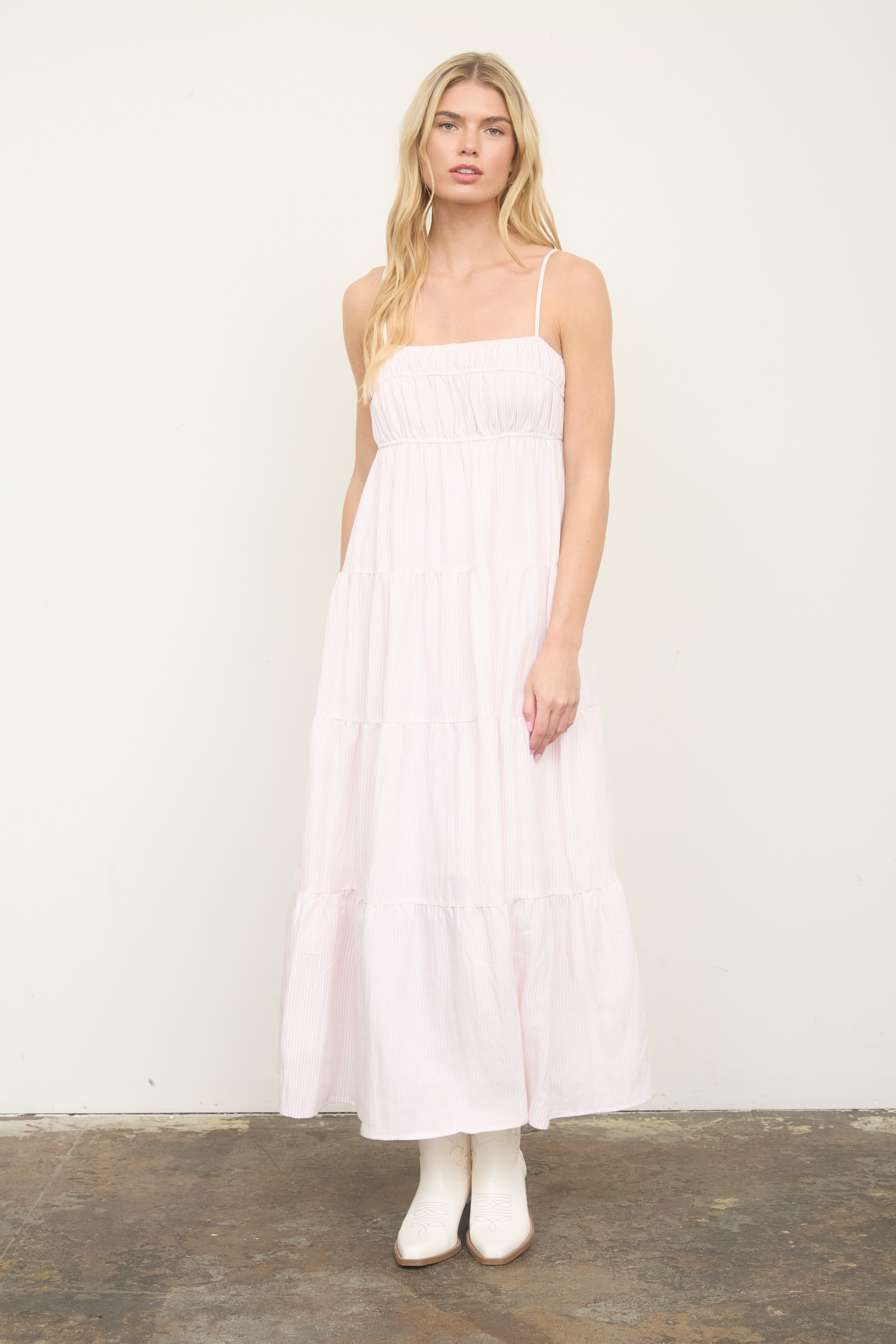 STRIPE SHIRRED EMPIRE WAIST TIERED MIDI DRESS