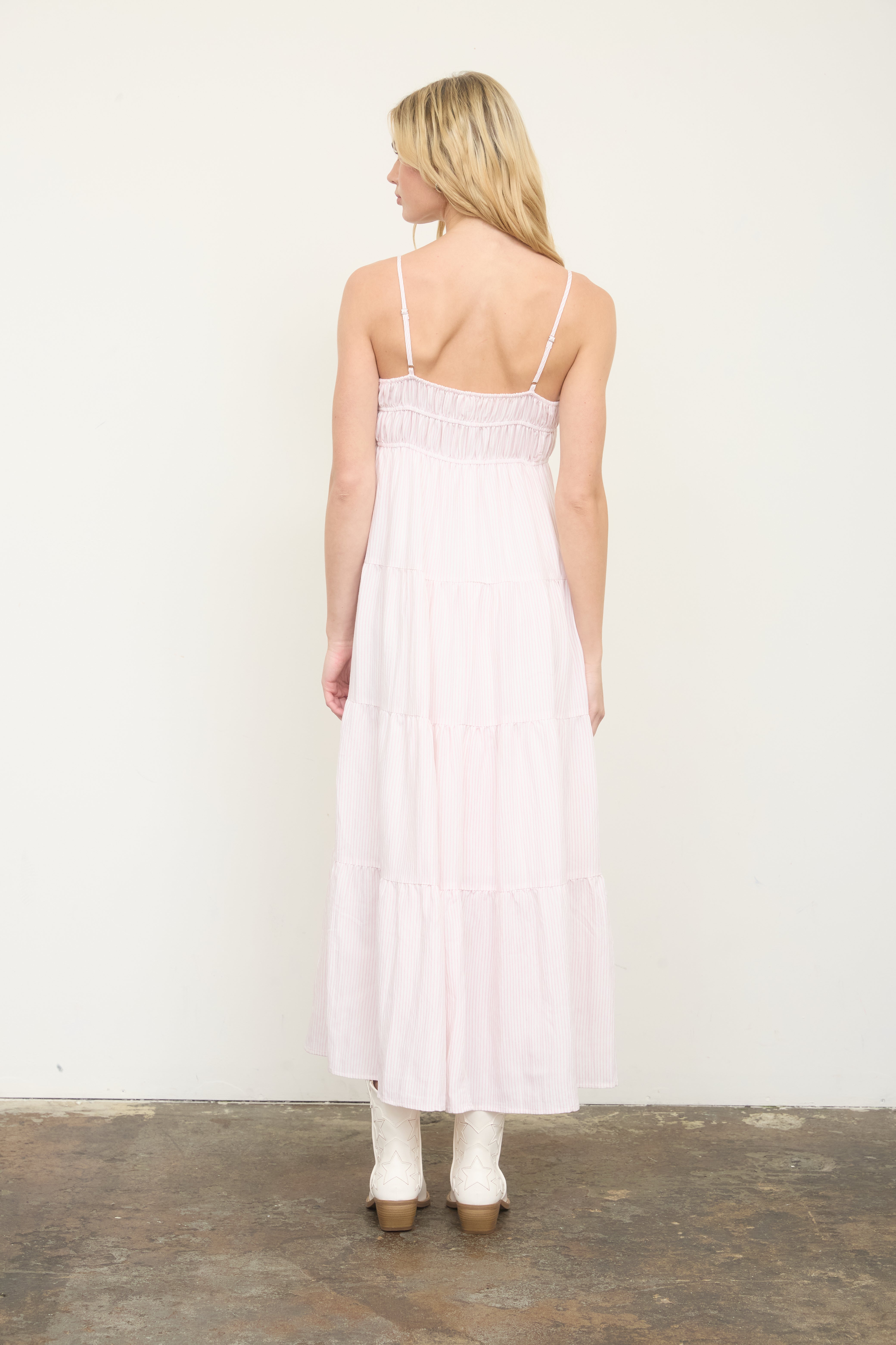 STRIPE SHIRRED EMPIRE WAIST TIERED MIDI DRESS