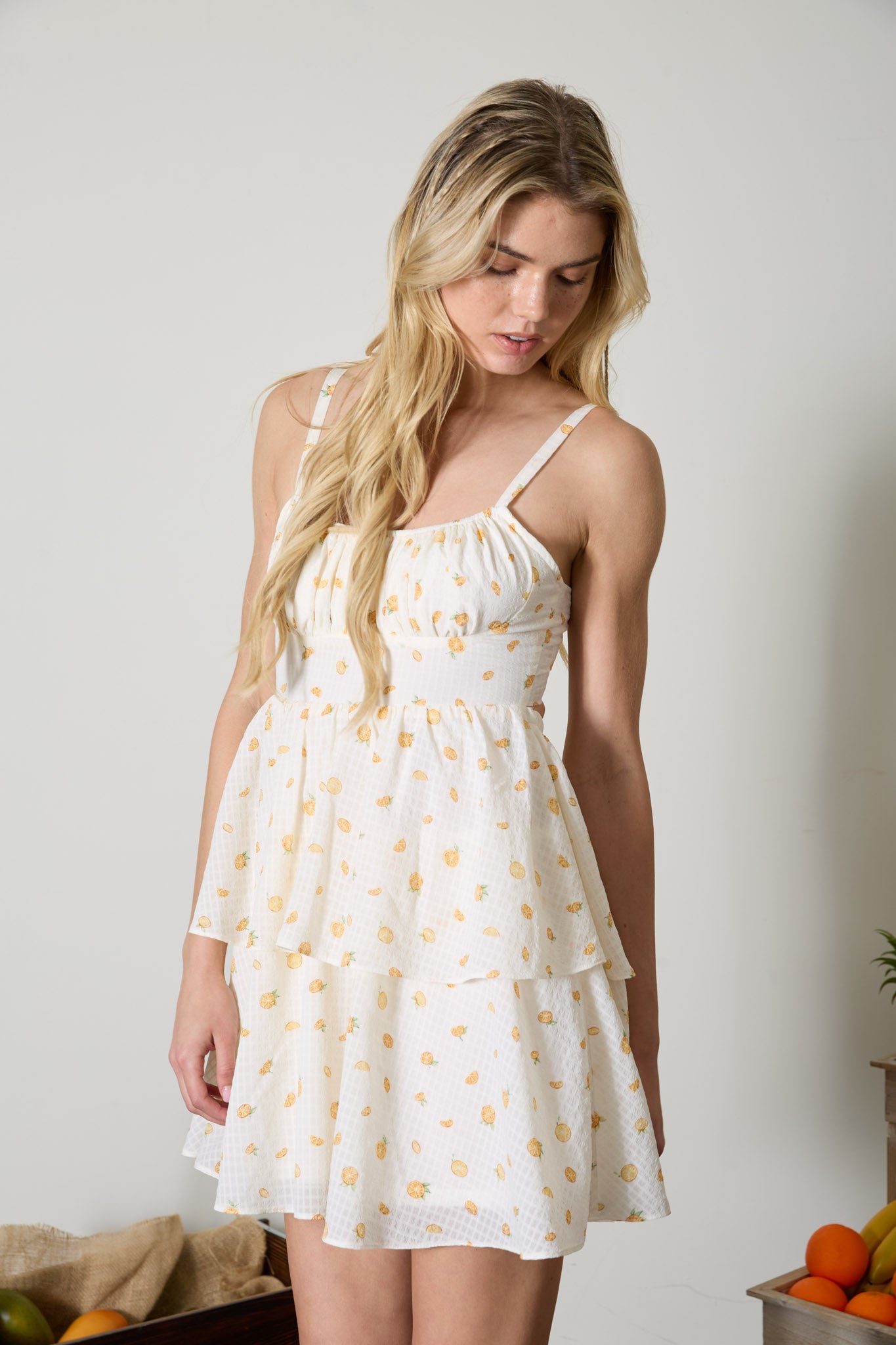ORANGE PATTERN SPAGHETTI STRAP BACK TIE MINI DRESS